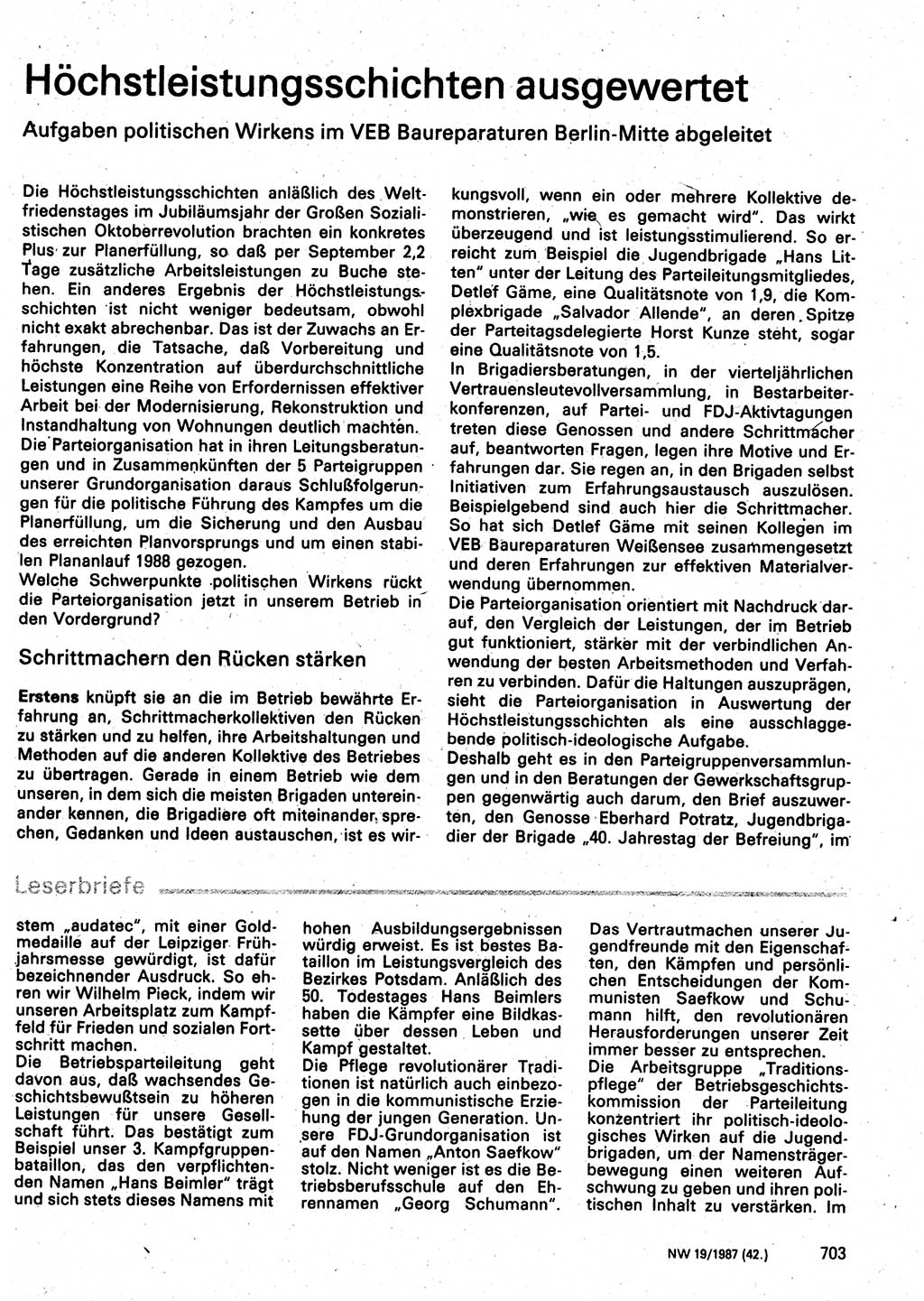 Neuer Weg (NW), Organ des Zentralkomitees (ZK) der SED (Sozialistische Einheitspartei Deutschlands) für Fragen des Parteilebens, 42. Jahrgang [Deutsche Demokratische Republik (DDR)] 1987, Seite 703 (NW ZK SED DDR 1987, S. 703)