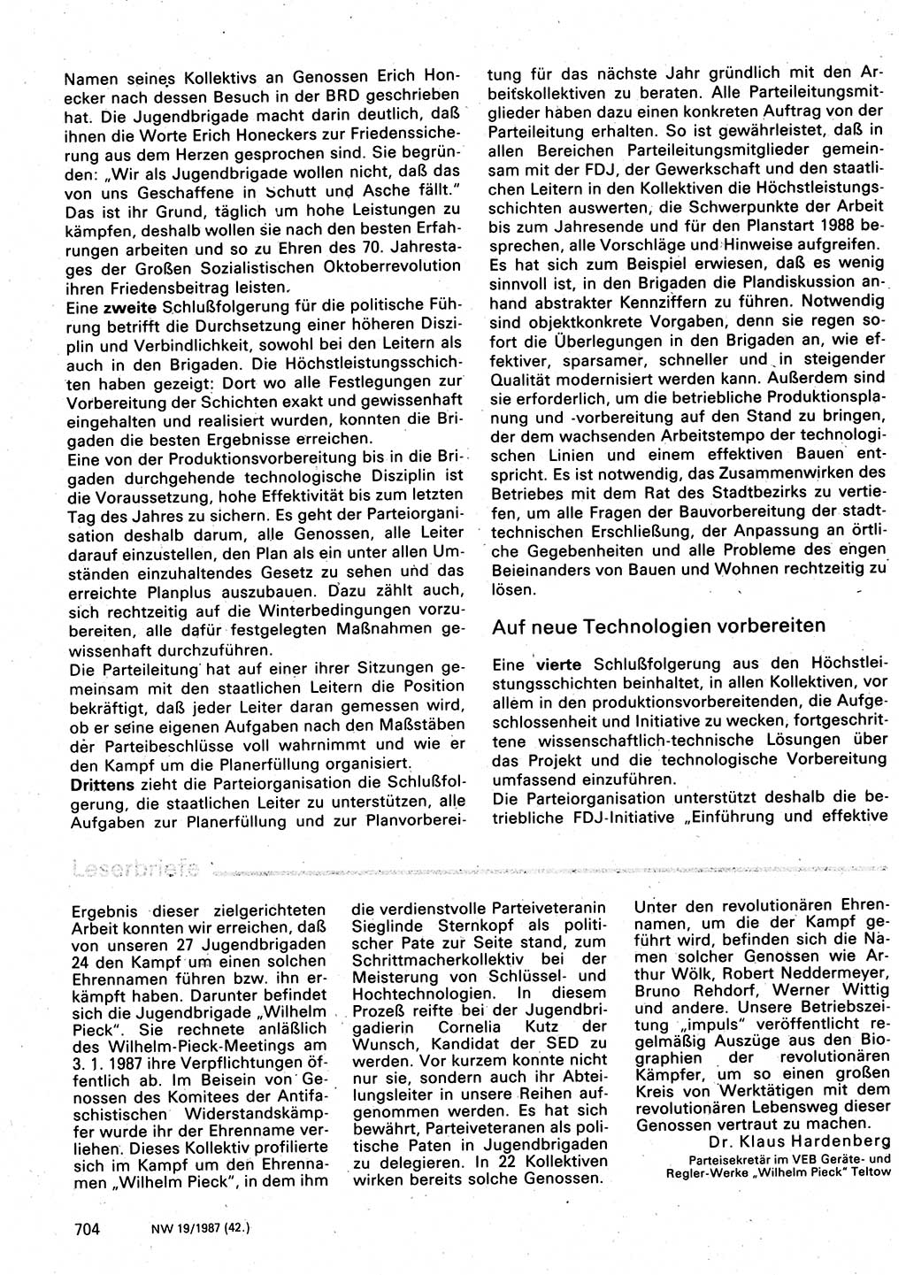 Neuer Weg (NW), Organ des Zentralkomitees (ZK) der SED (Sozialistische Einheitspartei Deutschlands) für Fragen des Parteilebens, 42. Jahrgang [Deutsche Demokratische Republik (DDR)] 1987, Seite 704 (NW ZK SED DDR 1987, S. 704)