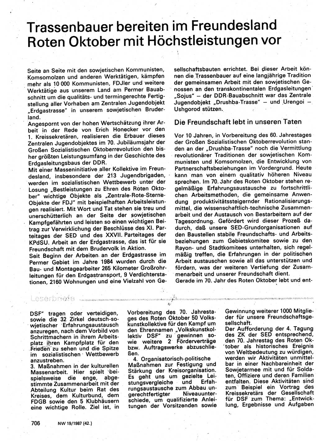 Neuer Weg (NW), Organ des Zentralkomitees (ZK) der SED (Sozialistische Einheitspartei Deutschlands) für Fragen des Parteilebens, 42. Jahrgang [Deutsche Demokratische Republik (DDR)] 1987, Seite 706 (NW ZK SED DDR 1987, S. 706)