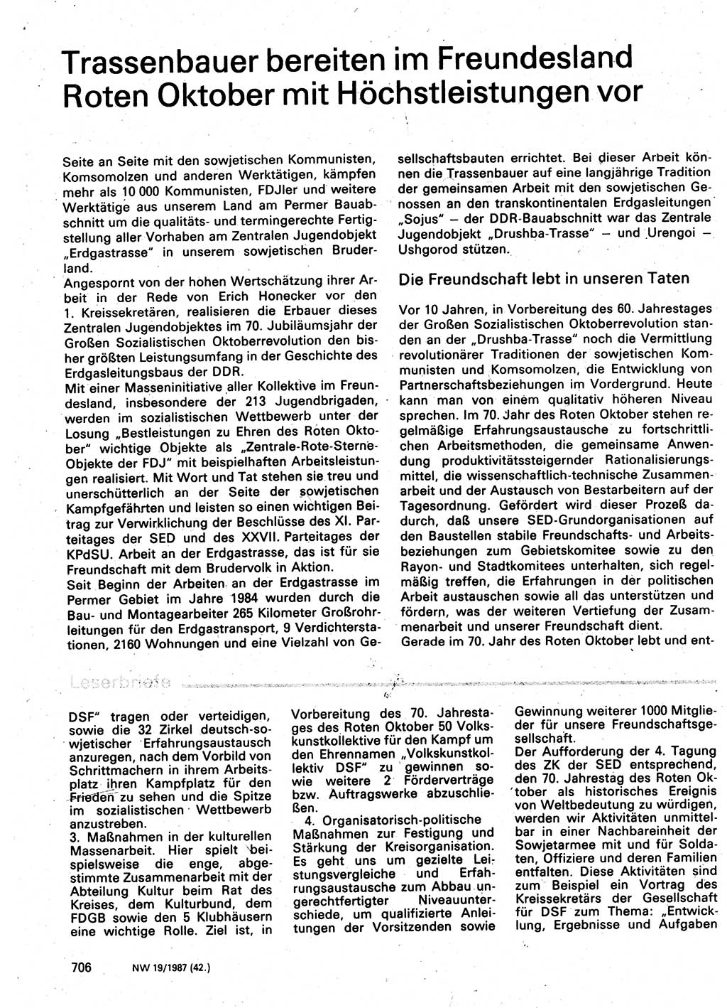 Neuer Weg (NW), Organ des Zentralkomitees (ZK) der SED (Sozialistische Einheitspartei Deutschlands) für Fragen des Parteilebens, 42. Jahrgang [Deutsche Demokratische Republik (DDR)] 1987, Seite 706 (NW ZK SED DDR 1987, S. 706)