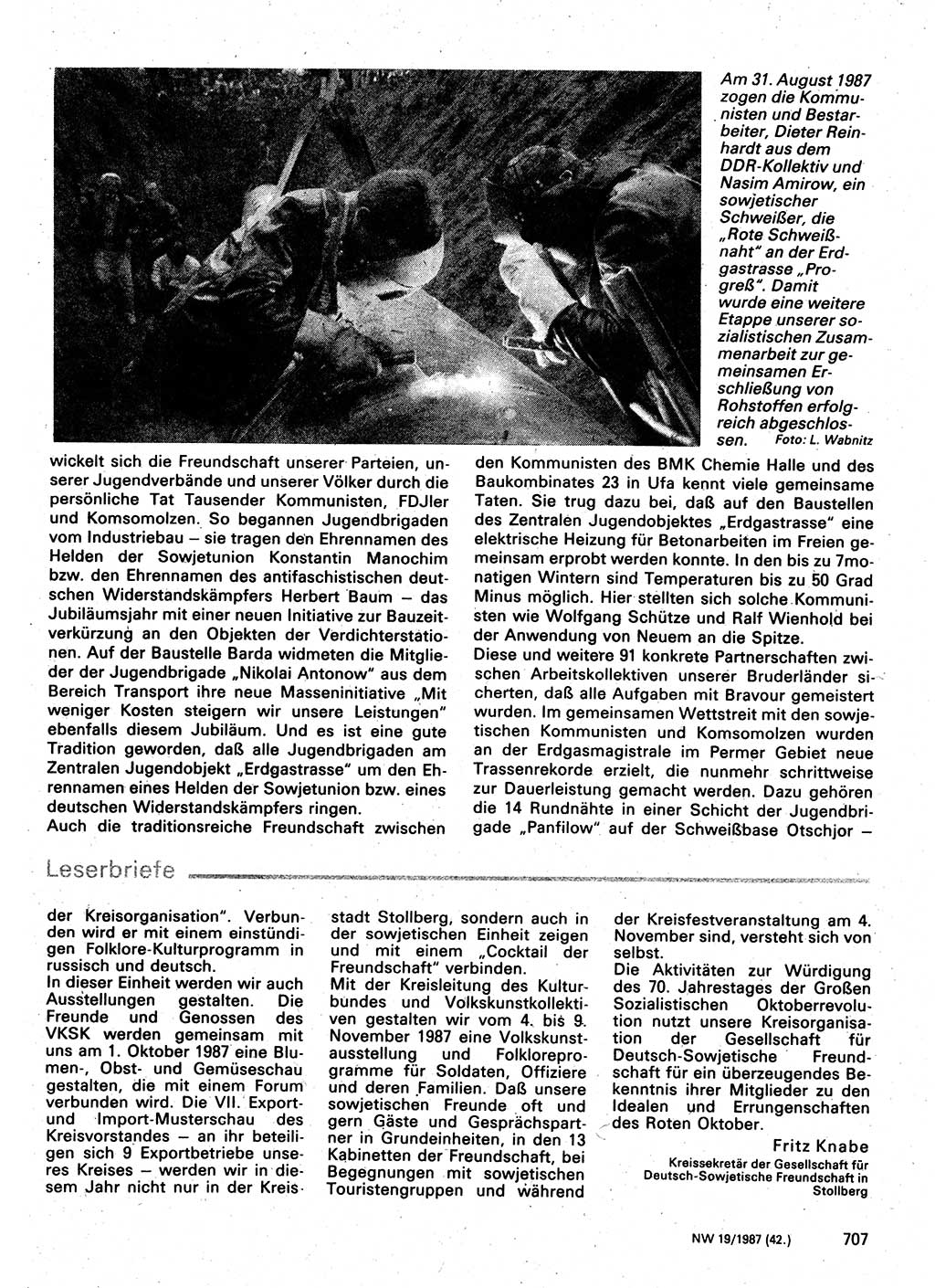 Neuer Weg (NW), Organ des Zentralkomitees (ZK) der SED (Sozialistische Einheitspartei Deutschlands) für Fragen des Parteilebens, 42. Jahrgang [Deutsche Demokratische Republik (DDR)] 1987, Seite 707 (NW ZK SED DDR 1987, S. 707)