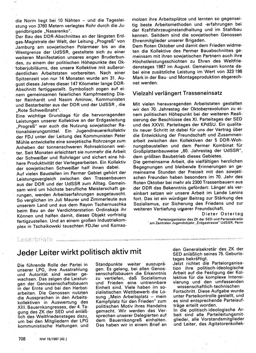 Neuer Weg (NW), Organ des Zentralkomitees (ZK) der SED (Sozialistische Einheitspartei Deutschlands) für Fragen des Parteilebens, 42. Jahrgang [Deutsche Demokratische Republik (DDR)] 1987, Seite 708 (NW ZK SED DDR 1987, S. 708)