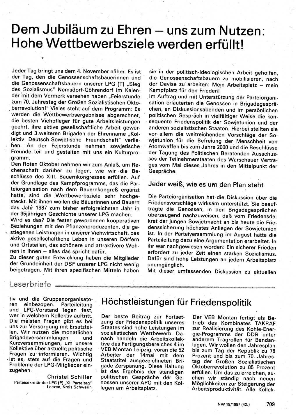Neuer Weg (NW), Organ des Zentralkomitees (ZK) der SED (Sozialistische Einheitspartei Deutschlands) für Fragen des Parteilebens, 42. Jahrgang [Deutsche Demokratische Republik (DDR)] 1987, Seite 709 (NW ZK SED DDR 1987, S. 709)