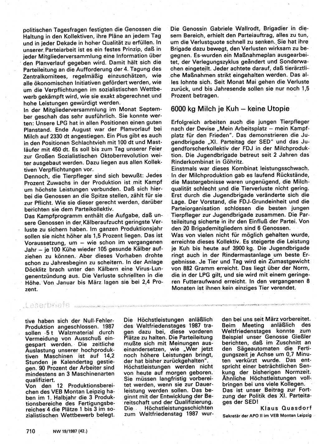 Neuer Weg (NW), Organ des Zentralkomitees (ZK) der SED (Sozialistische Einheitspartei Deutschlands) für Fragen des Parteilebens, 42. Jahrgang [Deutsche Demokratische Republik (DDR)] 1987, Seite 710 (NW ZK SED DDR 1987, S. 710)