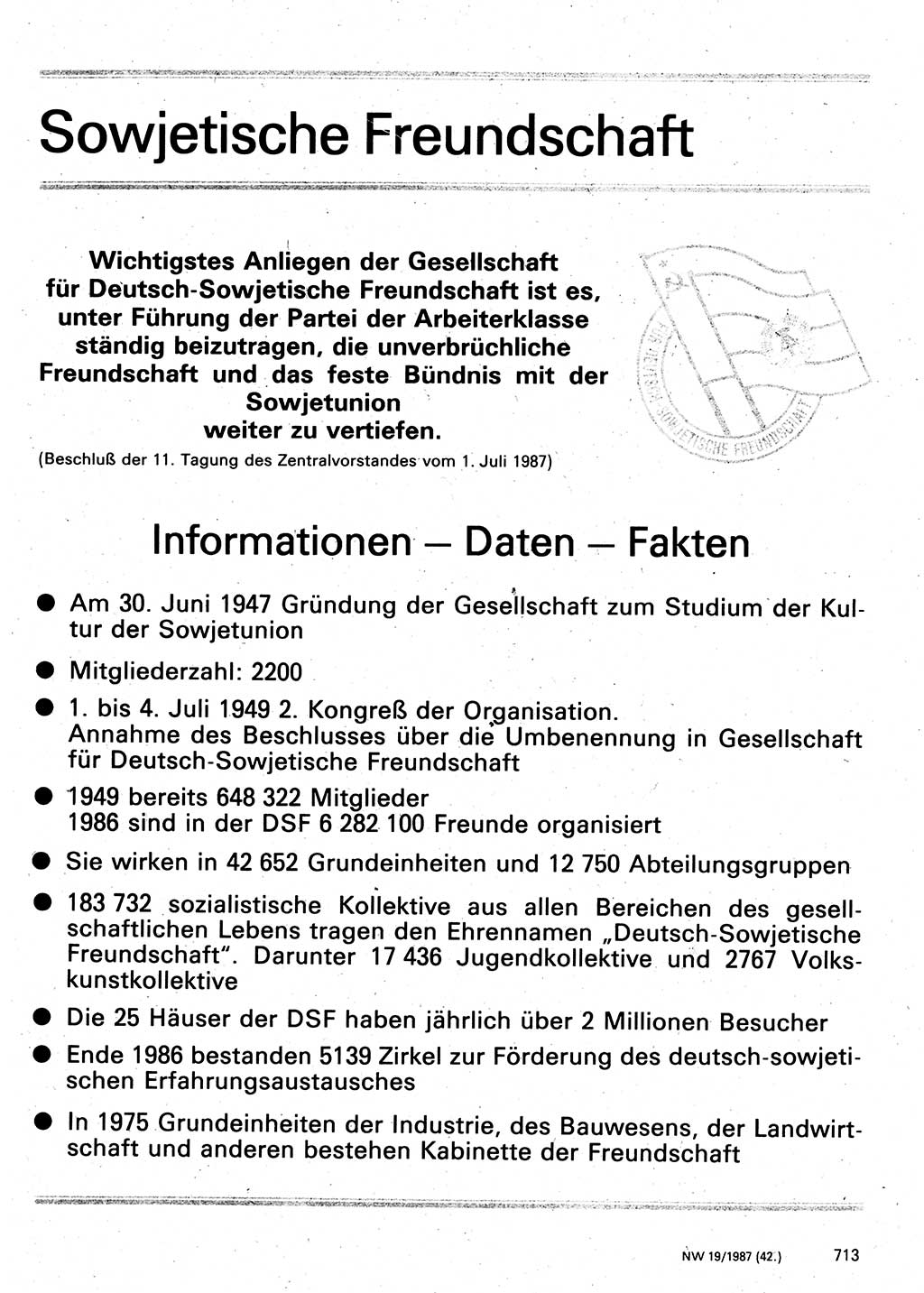 Neuer Weg (NW), Organ des Zentralkomitees (ZK) der SED (Sozialistische Einheitspartei Deutschlands) für Fragen des Parteilebens, 42. Jahrgang [Deutsche Demokratische Republik (DDR)] 1987, Seite 713 (NW ZK SED DDR 1987, S. 713)