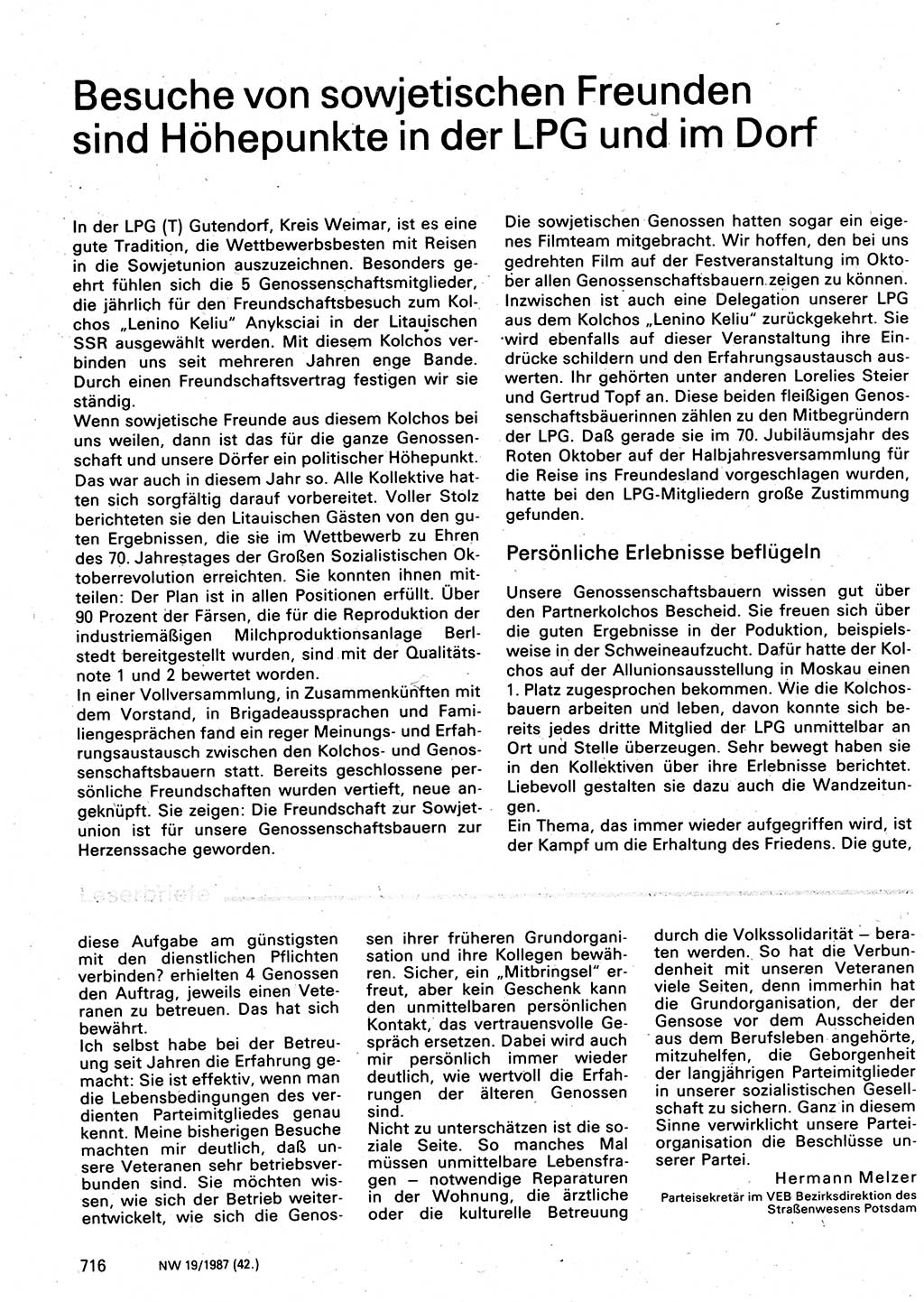 Neuer Weg (NW), Organ des Zentralkomitees (ZK) der SED (Sozialistische Einheitspartei Deutschlands) für Fragen des Parteilebens, 42. Jahrgang [Deutsche Demokratische Republik (DDR)] 1987, Seite 716 (NW ZK SED DDR 1987, S. 716)