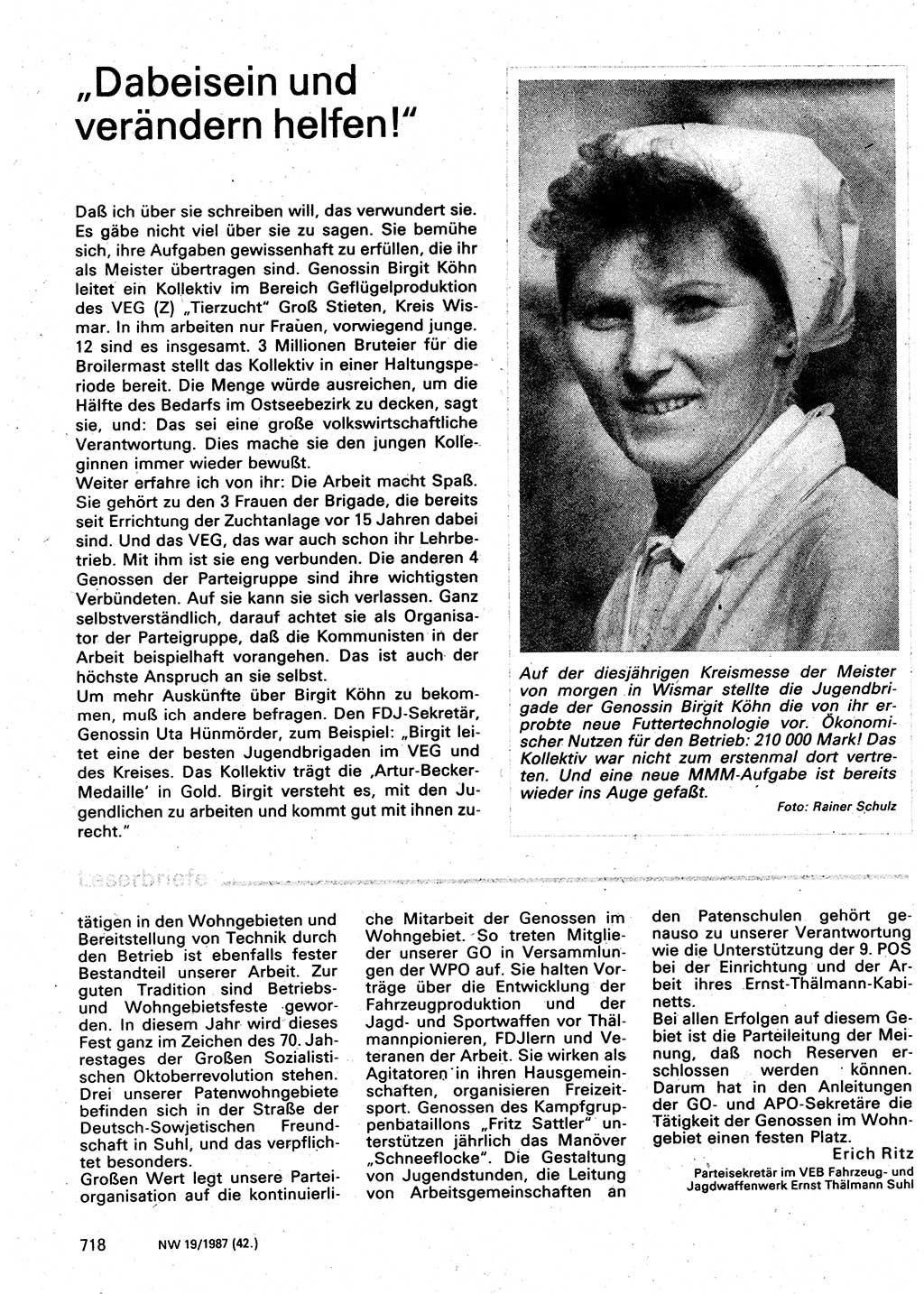 Neuer Weg (NW), Organ des Zentralkomitees (ZK) der SED (Sozialistische Einheitspartei Deutschlands) für Fragen des Parteilebens, 42. Jahrgang [Deutsche Demokratische Republik (DDR)] 1987, Seite 718 (NW ZK SED DDR 1987, S. 718)