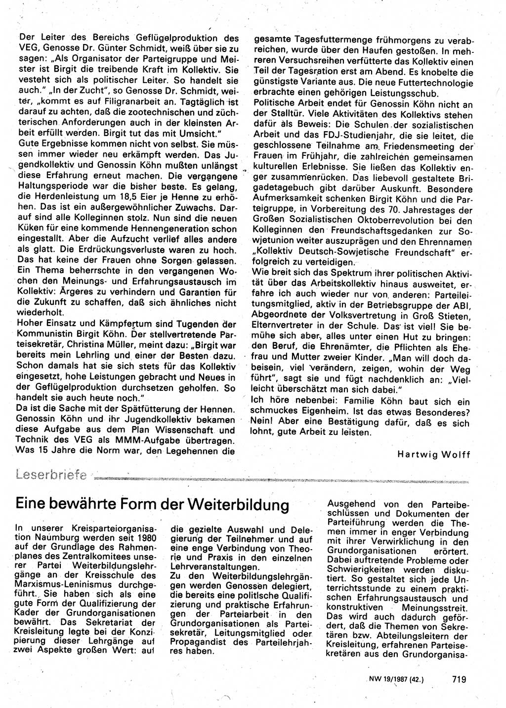 Neuer Weg (NW), Organ des Zentralkomitees (ZK) der SED (Sozialistische Einheitspartei Deutschlands) für Fragen des Parteilebens, 42. Jahrgang [Deutsche Demokratische Republik (DDR)] 1987, Seite 719 (NW ZK SED DDR 1987, S. 719)