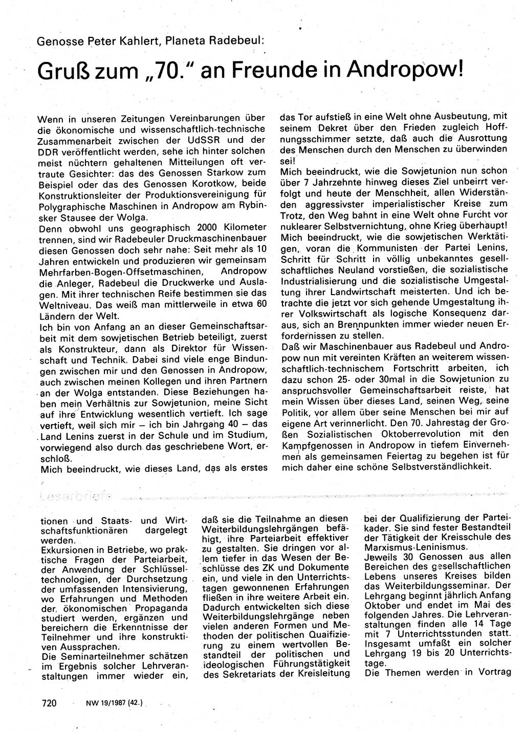 Neuer Weg (NW), Organ des Zentralkomitees (ZK) der SED (Sozialistische Einheitspartei Deutschlands) für Fragen des Parteilebens, 42. Jahrgang [Deutsche Demokratische Republik (DDR)] 1987, Seite 720 (NW ZK SED DDR 1987, S. 720)