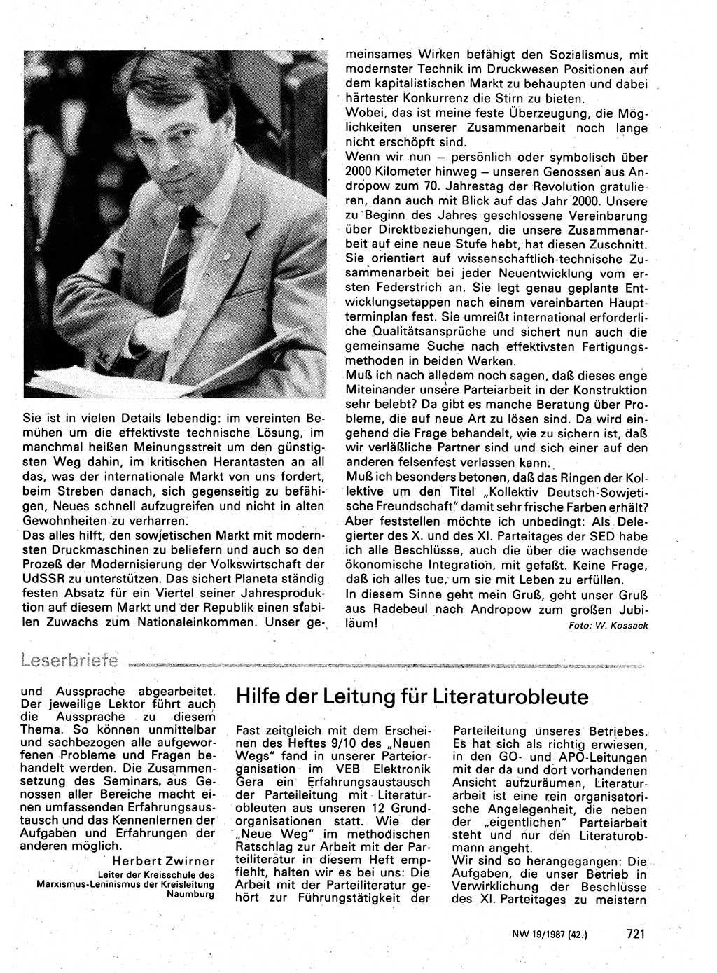 Neuer Weg (NW), Organ des Zentralkomitees (ZK) der SED (Sozialistische Einheitspartei Deutschlands) für Fragen des Parteilebens, 42. Jahrgang [Deutsche Demokratische Republik (DDR)] 1987, Seite 721 (NW ZK SED DDR 1987, S. 721)