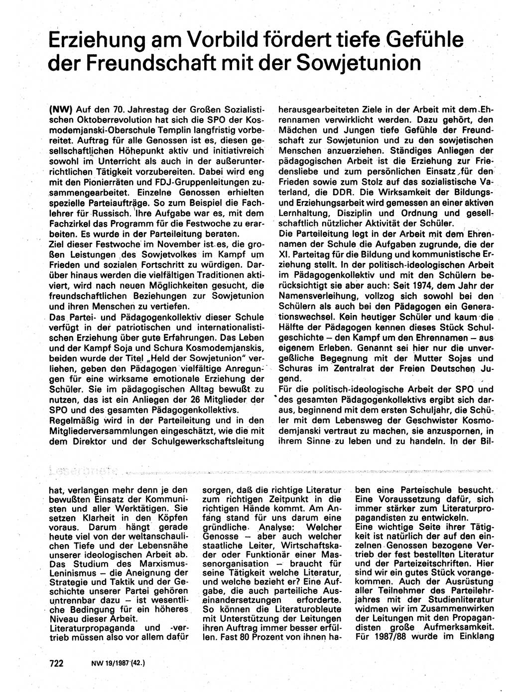 Neuer Weg (NW), Organ des Zentralkomitees (ZK) der SED (Sozialistische Einheitspartei Deutschlands) für Fragen des Parteilebens, 42. Jahrgang [Deutsche Demokratische Republik (DDR)] 1987, Seite 722 (NW ZK SED DDR 1987, S. 722)