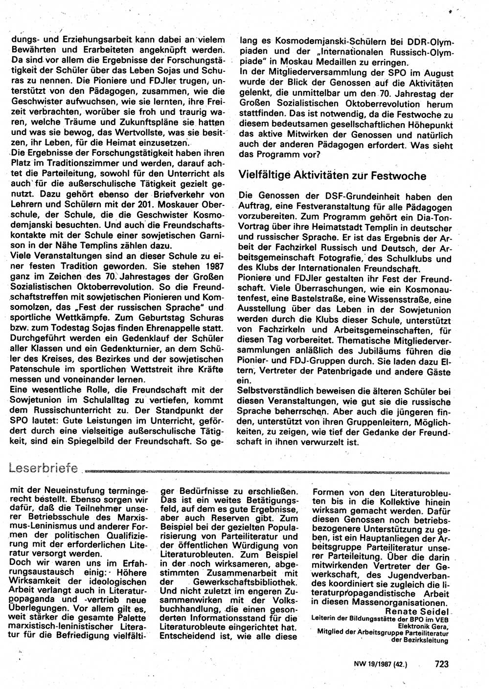 Neuer Weg (NW), Organ des Zentralkomitees (ZK) der SED (Sozialistische Einheitspartei Deutschlands) für Fragen des Parteilebens, 42. Jahrgang [Deutsche Demokratische Republik (DDR)] 1987, Seite 723 (NW ZK SED DDR 1987, S. 723)