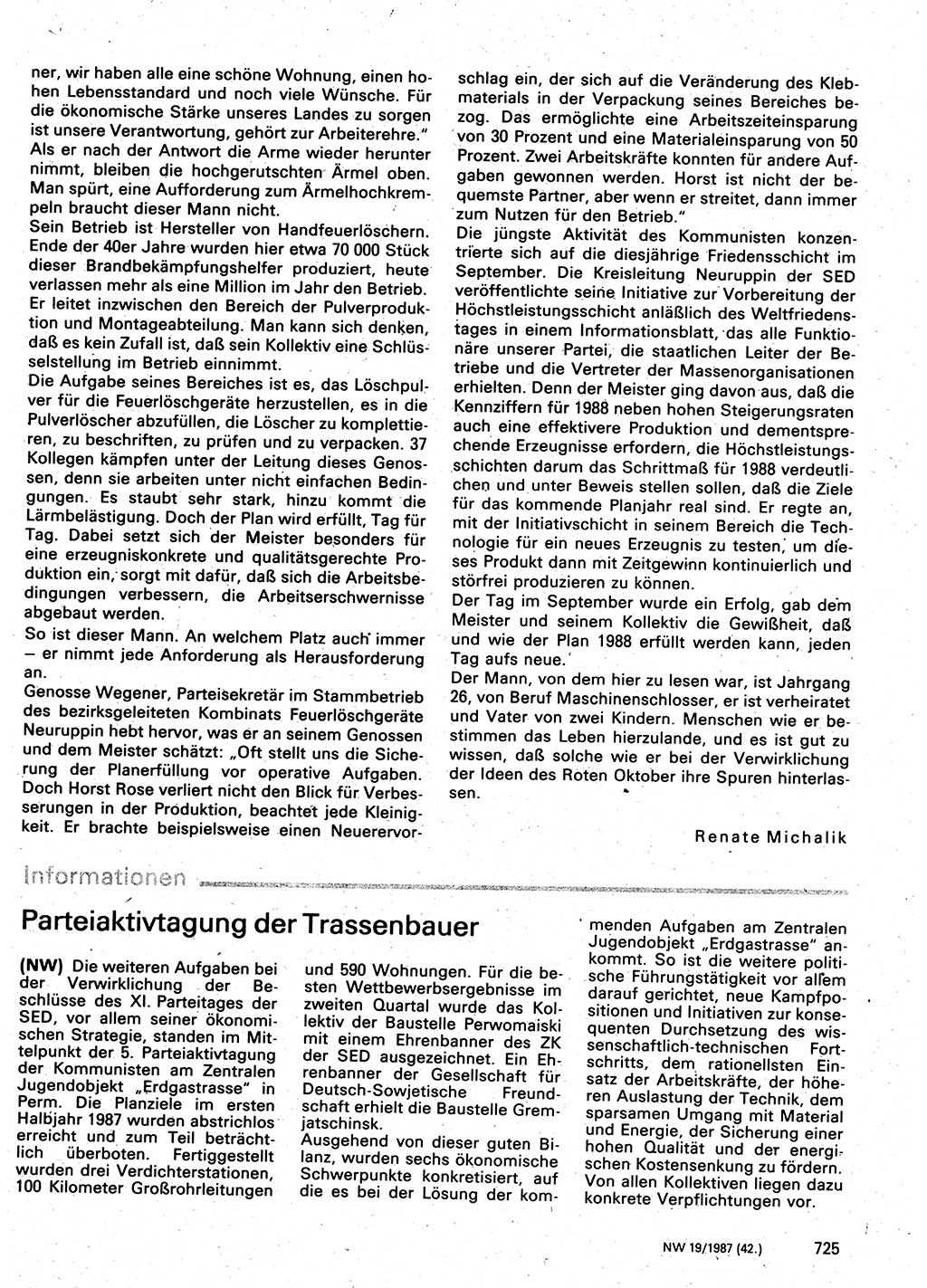 Neuer Weg (NW), Organ des Zentralkomitees (ZK) der SED (Sozialistische Einheitspartei Deutschlands) für Fragen des Parteilebens, 42. Jahrgang [Deutsche Demokratische Republik (DDR)] 1987, Seite 725 (NW ZK SED DDR 1987, S. 725)