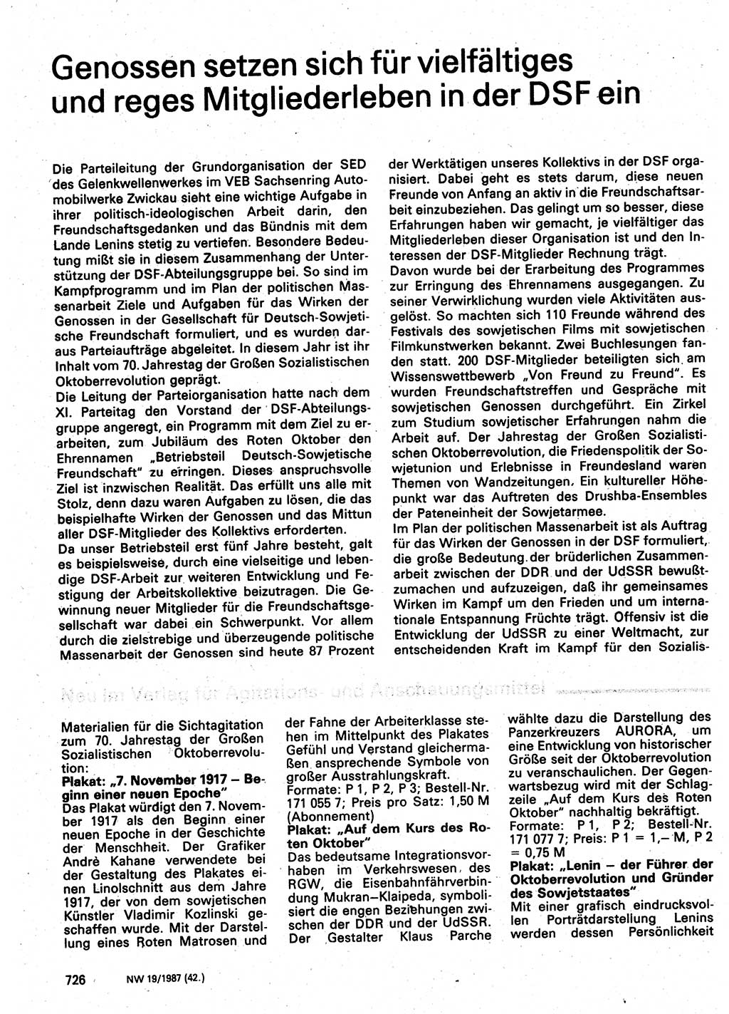 Neuer Weg (NW), Organ des Zentralkomitees (ZK) der SED (Sozialistische Einheitspartei Deutschlands) für Fragen des Parteilebens, 42. Jahrgang [Deutsche Demokratische Republik (DDR)] 1987, Seite 726 (NW ZK SED DDR 1987, S. 726)