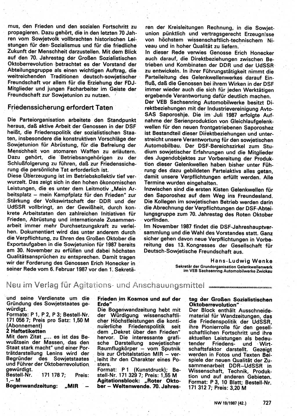 Neuer Weg (NW), Organ des Zentralkomitees (ZK) der SED (Sozialistische Einheitspartei Deutschlands) für Fragen des Parteilebens, 42. Jahrgang [Deutsche Demokratische Republik (DDR)] 1987, Seite 727 (NW ZK SED DDR 1987, S. 727)