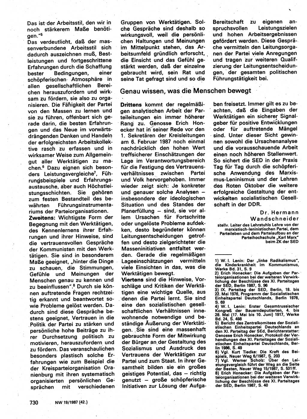 Neuer Weg (NW), Organ des Zentralkomitees (ZK) der SED (Sozialistische Einheitspartei Deutschlands) für Fragen des Parteilebens, 42. Jahrgang [Deutsche Demokratische Republik (DDR)] 1987, Seite 730 (NW ZK SED DDR 1987, S. 730)