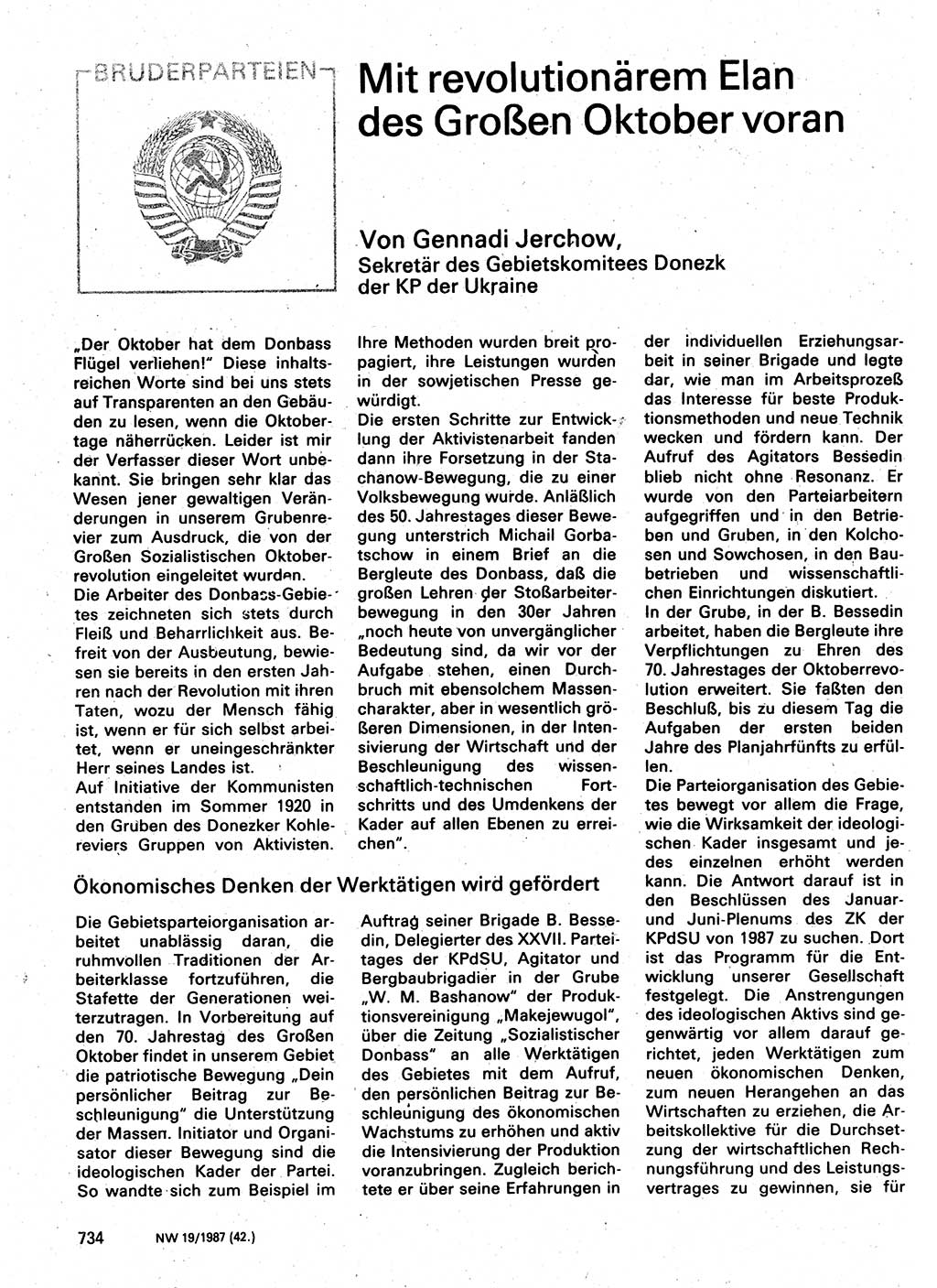 Neuer Weg (NW), Organ des Zentralkomitees (ZK) der SED (Sozialistische Einheitspartei Deutschlands) für Fragen des Parteilebens, 42. Jahrgang [Deutsche Demokratische Republik (DDR)] 1987, Seite 734 (NW ZK SED DDR 1987, S. 734)