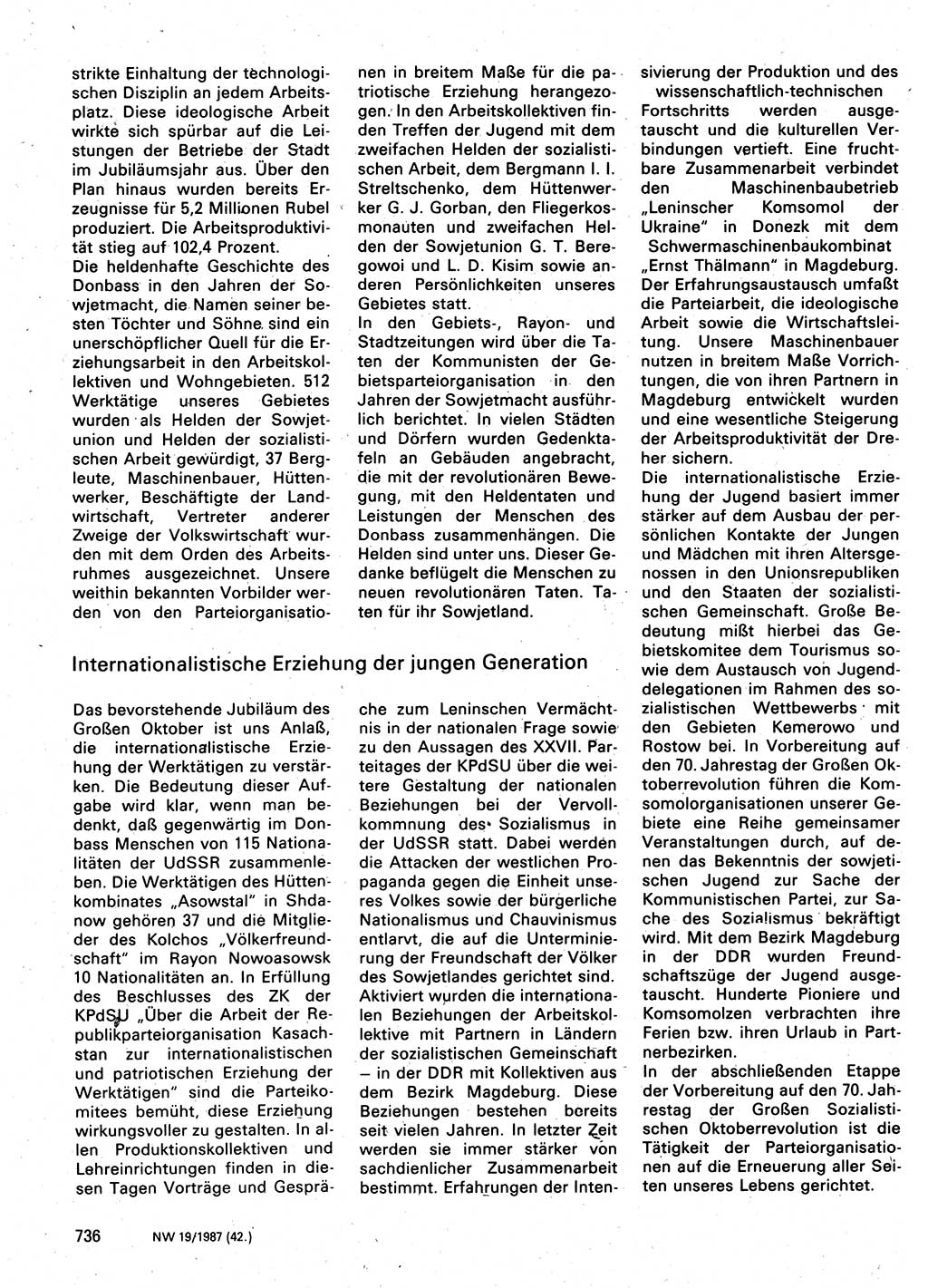 Neuer Weg (NW), Organ des Zentralkomitees (ZK) der SED (Sozialistische Einheitspartei Deutschlands) für Fragen des Parteilebens, 42. Jahrgang [Deutsche Demokratische Republik (DDR)] 1987, Seite 736 (NW ZK SED DDR 1987, S. 736)