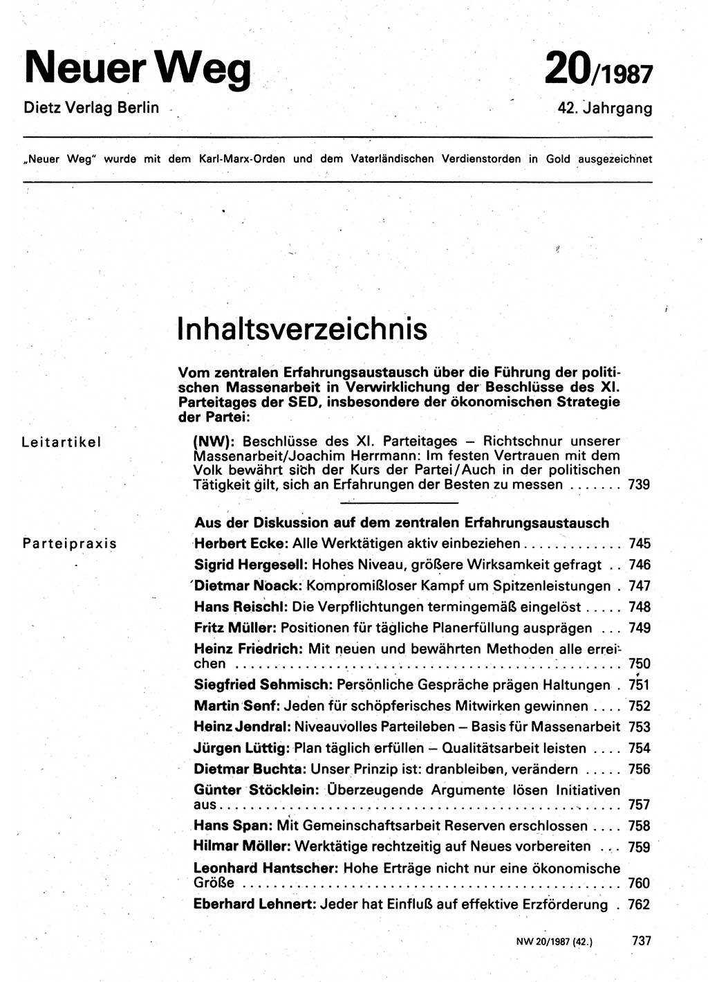 Neuer Weg (NW), Organ des Zentralkomitees (ZK) der SED (Sozialistische Einheitspartei Deutschlands) für Fragen des Parteilebens, 42. Jahrgang [Deutsche Demokratische Republik (DDR)] 1987, Seite 737 (NW ZK SED DDR 1987, S. 737)