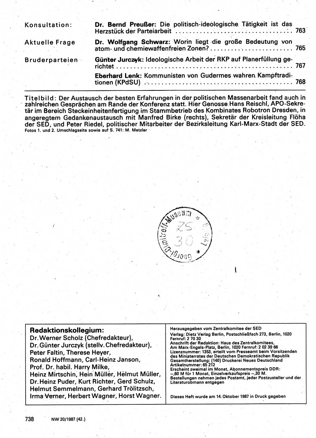 Neuer Weg (NW), Organ des Zentralkomitees (ZK) der SED (Sozialistische Einheitspartei Deutschlands) für Fragen des Parteilebens, 42. Jahrgang [Deutsche Demokratische Republik (DDR)] 1987, Seite 738 (NW ZK SED DDR 1987, S. 738)