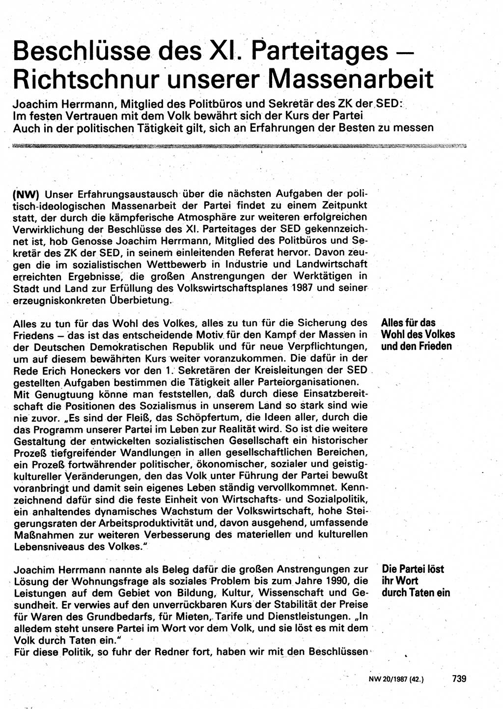 Neuer Weg (NW), Organ des Zentralkomitees (ZK) der SED (Sozialistische Einheitspartei Deutschlands) für Fragen des Parteilebens, 42. Jahrgang [Deutsche Demokratische Republik (DDR)] 1987, Seite 739 (NW ZK SED DDR 1987, S. 739)