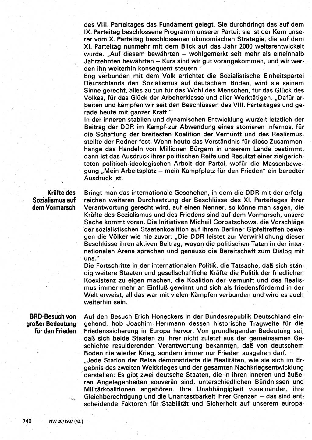 Neuer Weg (NW), Organ des Zentralkomitees (ZK) der SED (Sozialistische Einheitspartei Deutschlands) für Fragen des Parteilebens, 42. Jahrgang [Deutsche Demokratische Republik (DDR)] 1987, Seite 740 (NW ZK SED DDR 1987, S. 740)