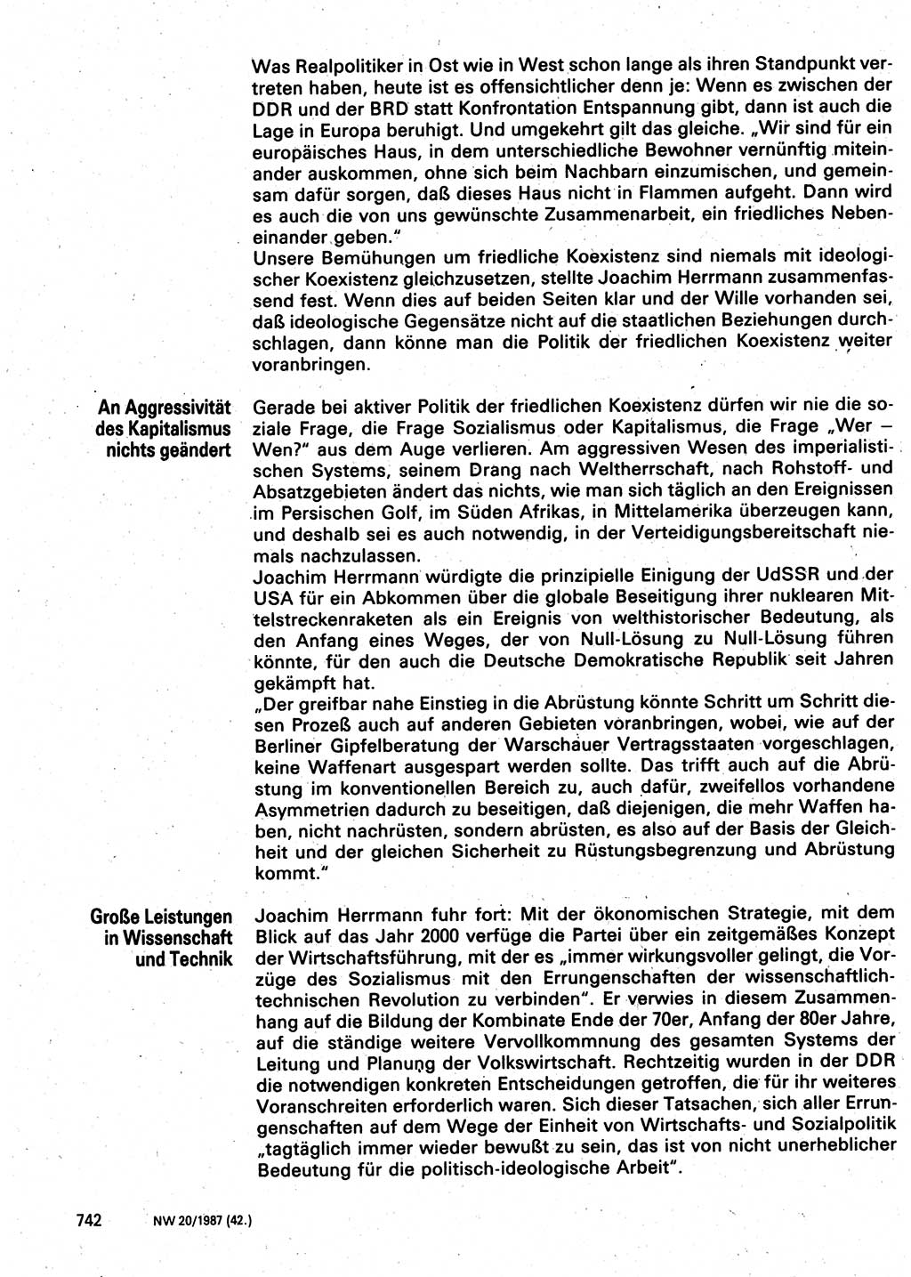 Neuer Weg (NW), Organ des Zentralkomitees (ZK) der SED (Sozialistische Einheitspartei Deutschlands) für Fragen des Parteilebens, 42. Jahrgang [Deutsche Demokratische Republik (DDR)] 1987, Seite 742 (NW ZK SED DDR 1987, S. 742)