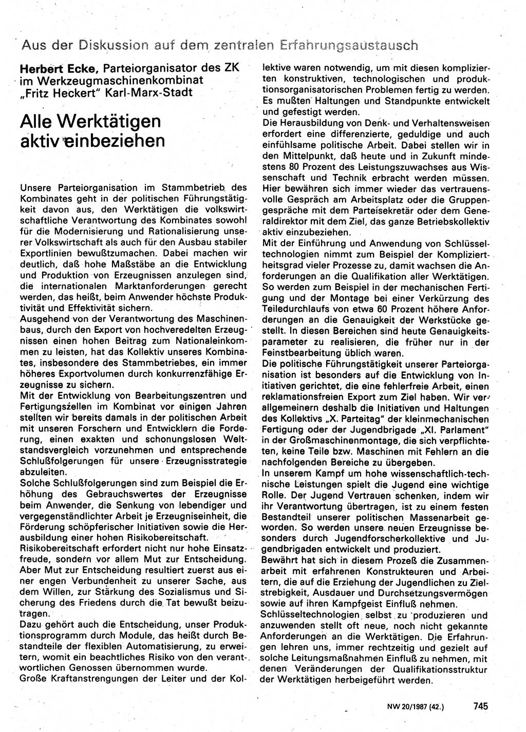 Neuer Weg (NW), Organ des Zentralkomitees (ZK) der SED (Sozialistische Einheitspartei Deutschlands) für Fragen des Parteilebens, 42. Jahrgang [Deutsche Demokratische Republik (DDR)] 1987, Seite 745 (NW ZK SED DDR 1987, S. 745)