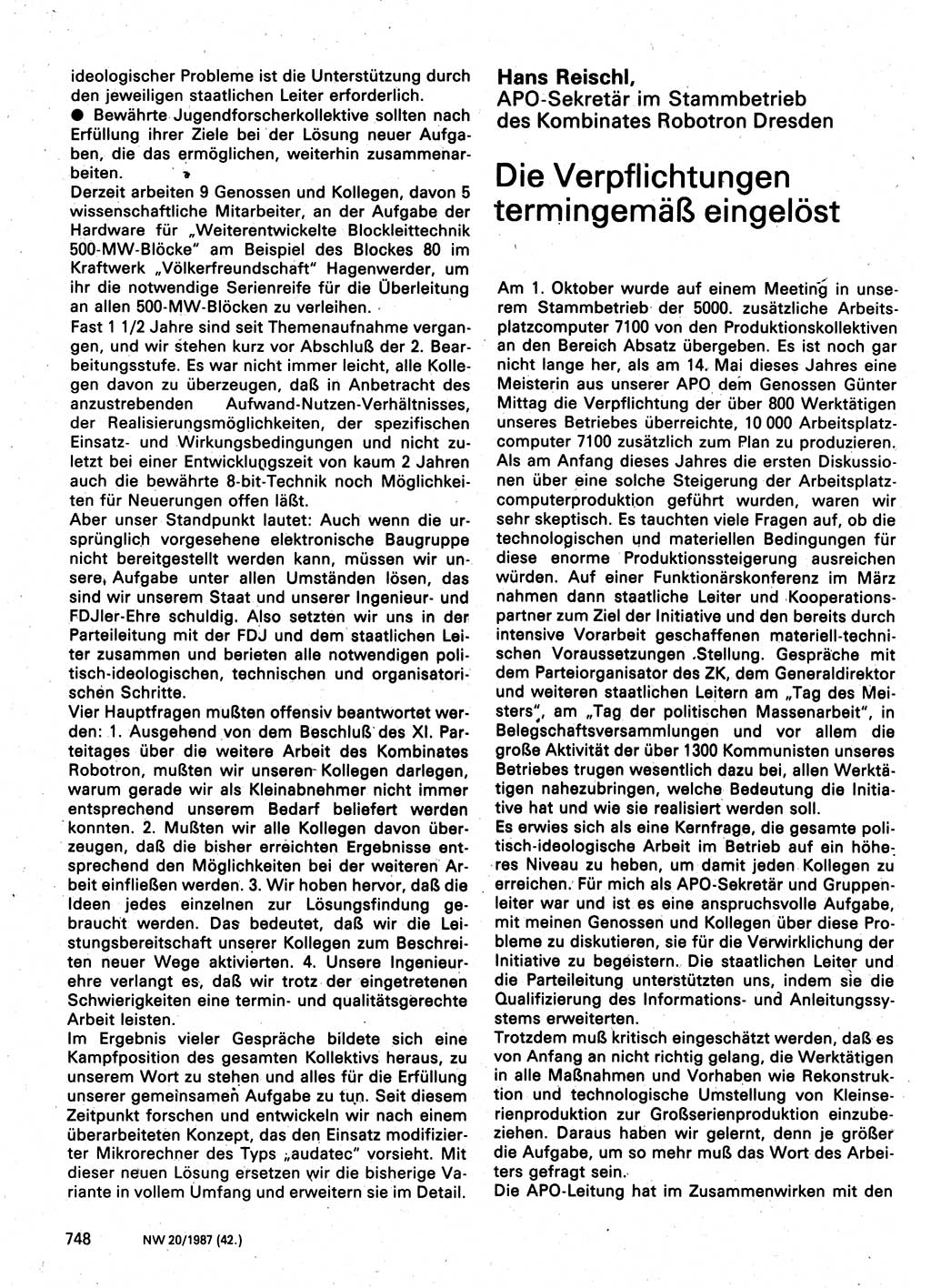 Neuer Weg (NW), Organ des Zentralkomitees (ZK) der SED (Sozialistische Einheitspartei Deutschlands) für Fragen des Parteilebens, 42. Jahrgang [Deutsche Demokratische Republik (DDR)] 1987, Seite 748 (NW ZK SED DDR 1987, S. 748)