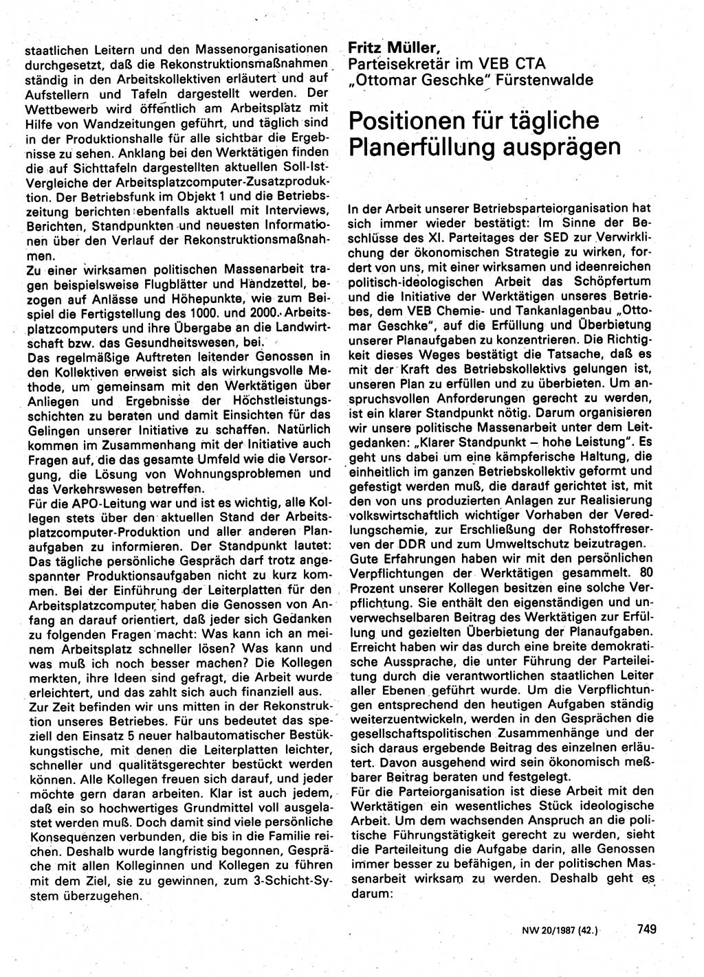 Neuer Weg (NW), Organ des Zentralkomitees (ZK) der SED (Sozialistische Einheitspartei Deutschlands) für Fragen des Parteilebens, 42. Jahrgang [Deutsche Demokratische Republik (DDR)] 1987, Seite 749 (NW ZK SED DDR 1987, S. 749)