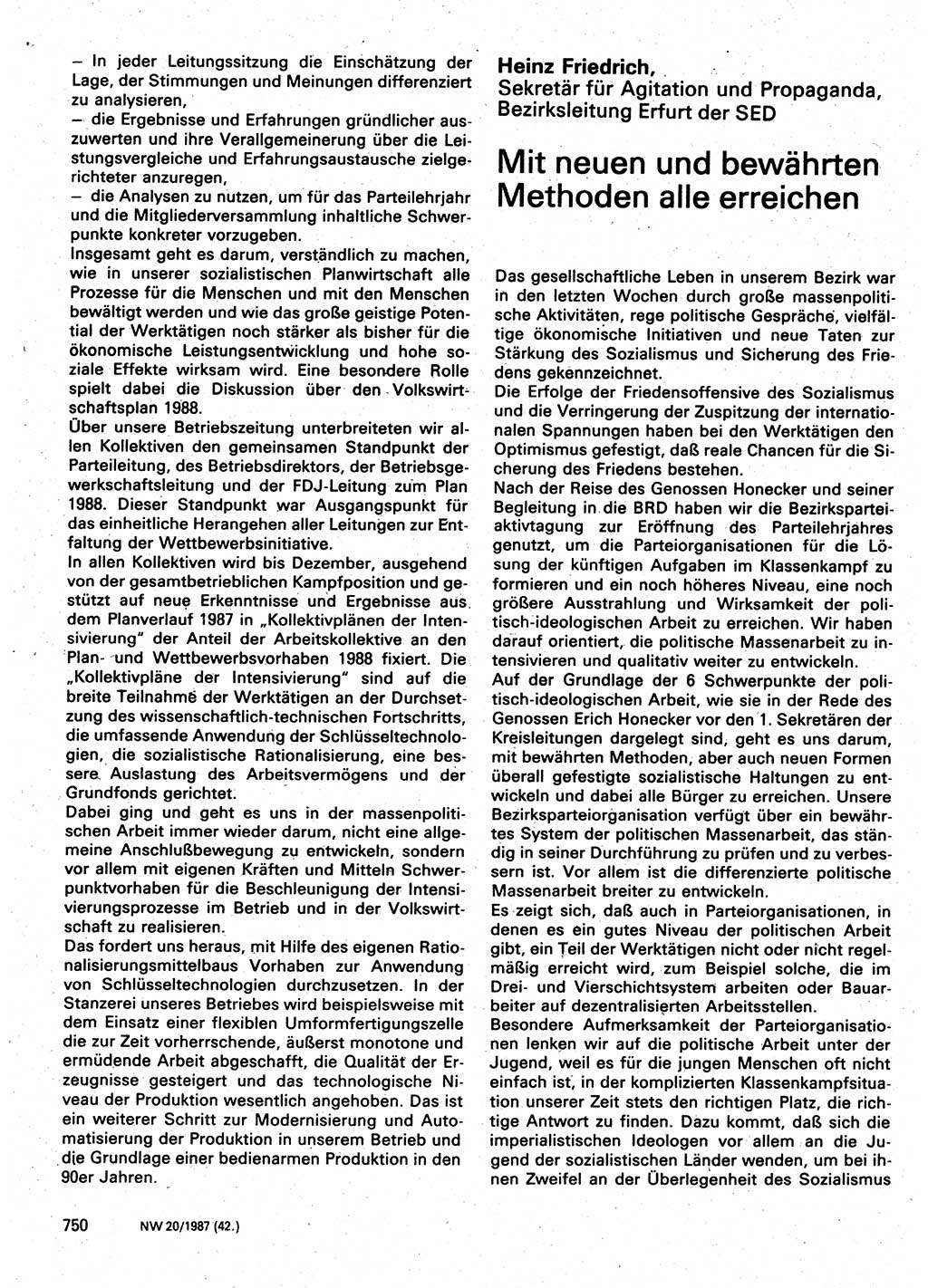 Neuer Weg (NW), Organ des Zentralkomitees (ZK) der SED (Sozialistische Einheitspartei Deutschlands) für Fragen des Parteilebens, 42. Jahrgang [Deutsche Demokratische Republik (DDR)] 1987, Seite 750 (NW ZK SED DDR 1987, S. 750)