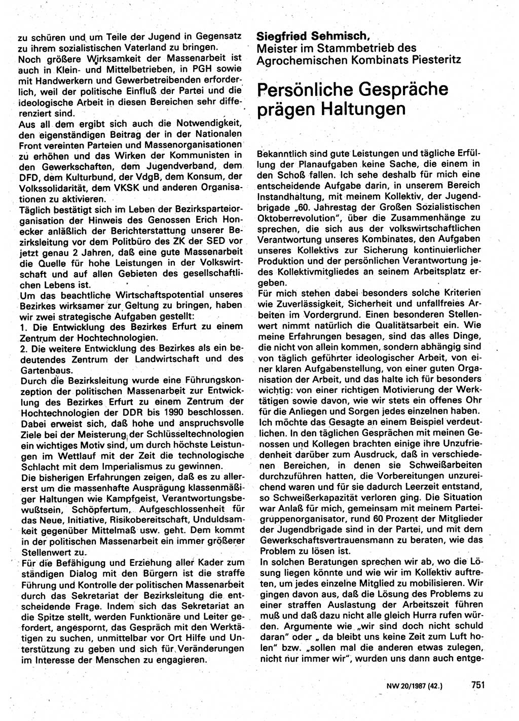 Neuer Weg (NW), Organ des Zentralkomitees (ZK) der SED (Sozialistische Einheitspartei Deutschlands) für Fragen des Parteilebens, 42. Jahrgang [Deutsche Demokratische Republik (DDR)] 1987, Seite 751 (NW ZK SED DDR 1987, S. 751)