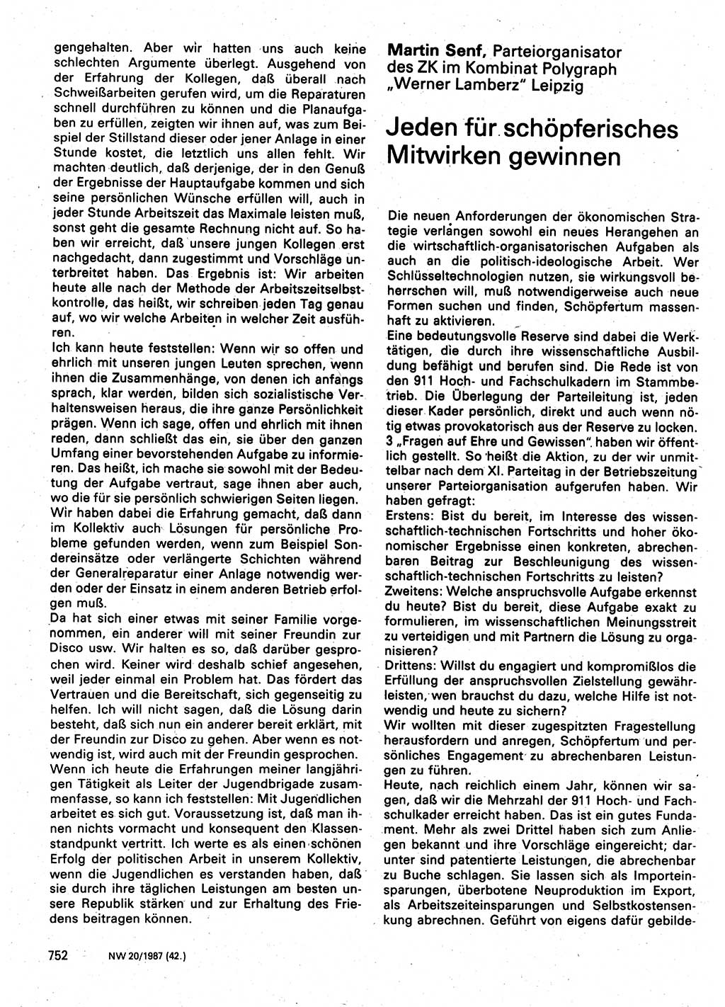 Neuer Weg (NW), Organ des Zentralkomitees (ZK) der SED (Sozialistische Einheitspartei Deutschlands) für Fragen des Parteilebens, 42. Jahrgang [Deutsche Demokratische Republik (DDR)] 1987, Seite 752 (NW ZK SED DDR 1987, S. 752)