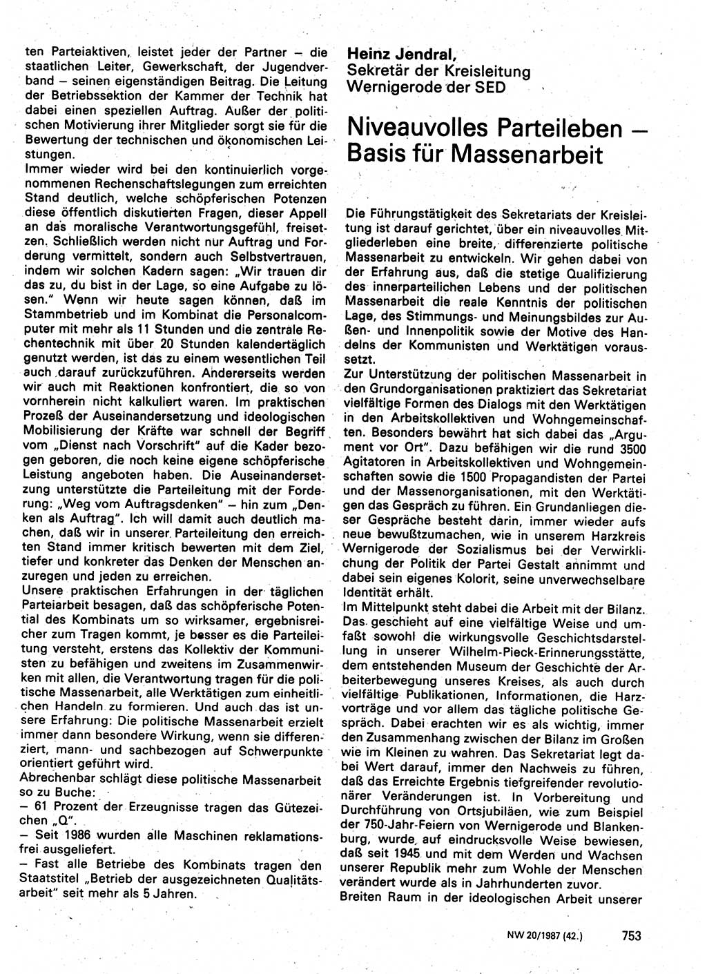 Neuer Weg (NW), Organ des Zentralkomitees (ZK) der SED (Sozialistische Einheitspartei Deutschlands) für Fragen des Parteilebens, 42. Jahrgang [Deutsche Demokratische Republik (DDR)] 1987, Seite 753 (NW ZK SED DDR 1987, S. 753)