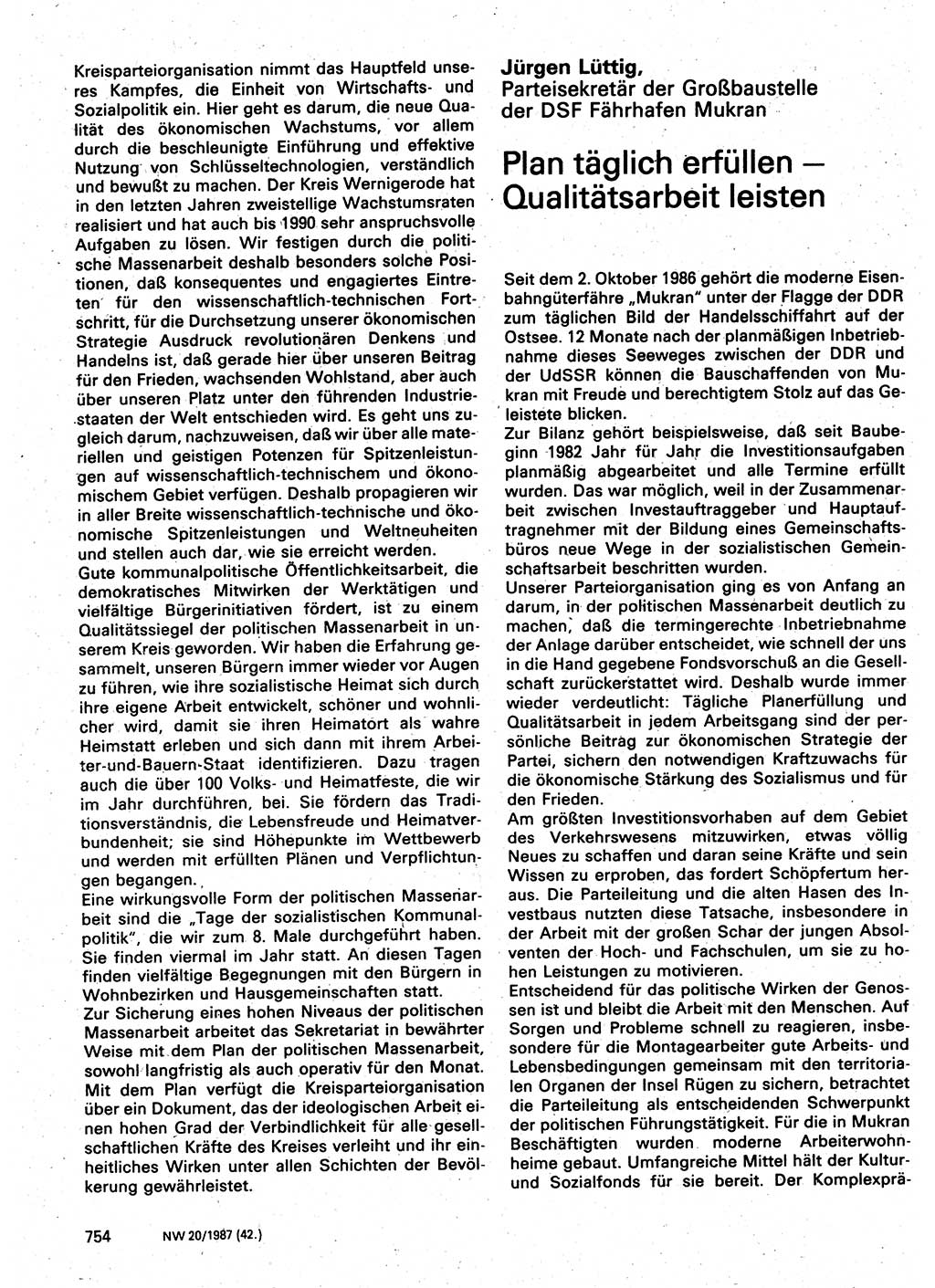 Neuer Weg (NW), Organ des Zentralkomitees (ZK) der SED (Sozialistische Einheitspartei Deutschlands) für Fragen des Parteilebens, 42. Jahrgang [Deutsche Demokratische Republik (DDR)] 1987, Seite 754 (NW ZK SED DDR 1987, S. 754)