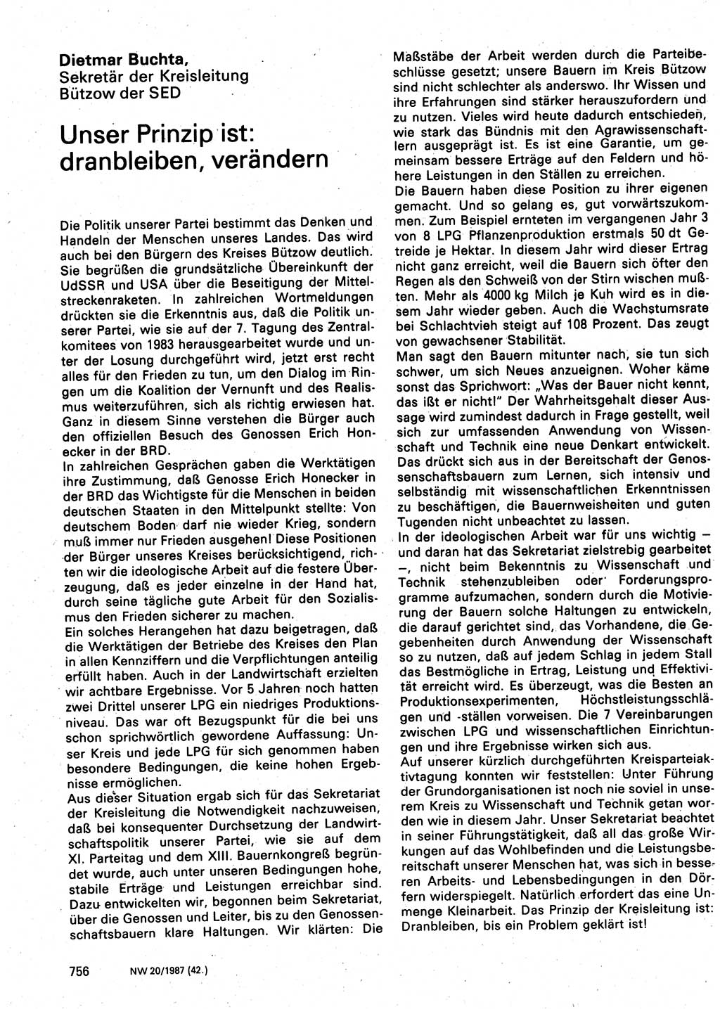 Neuer Weg (NW), Organ des Zentralkomitees (ZK) der SED (Sozialistische Einheitspartei Deutschlands) für Fragen des Parteilebens, 42. Jahrgang [Deutsche Demokratische Republik (DDR)] 1987, Seite 756 (NW ZK SED DDR 1987, S. 756)