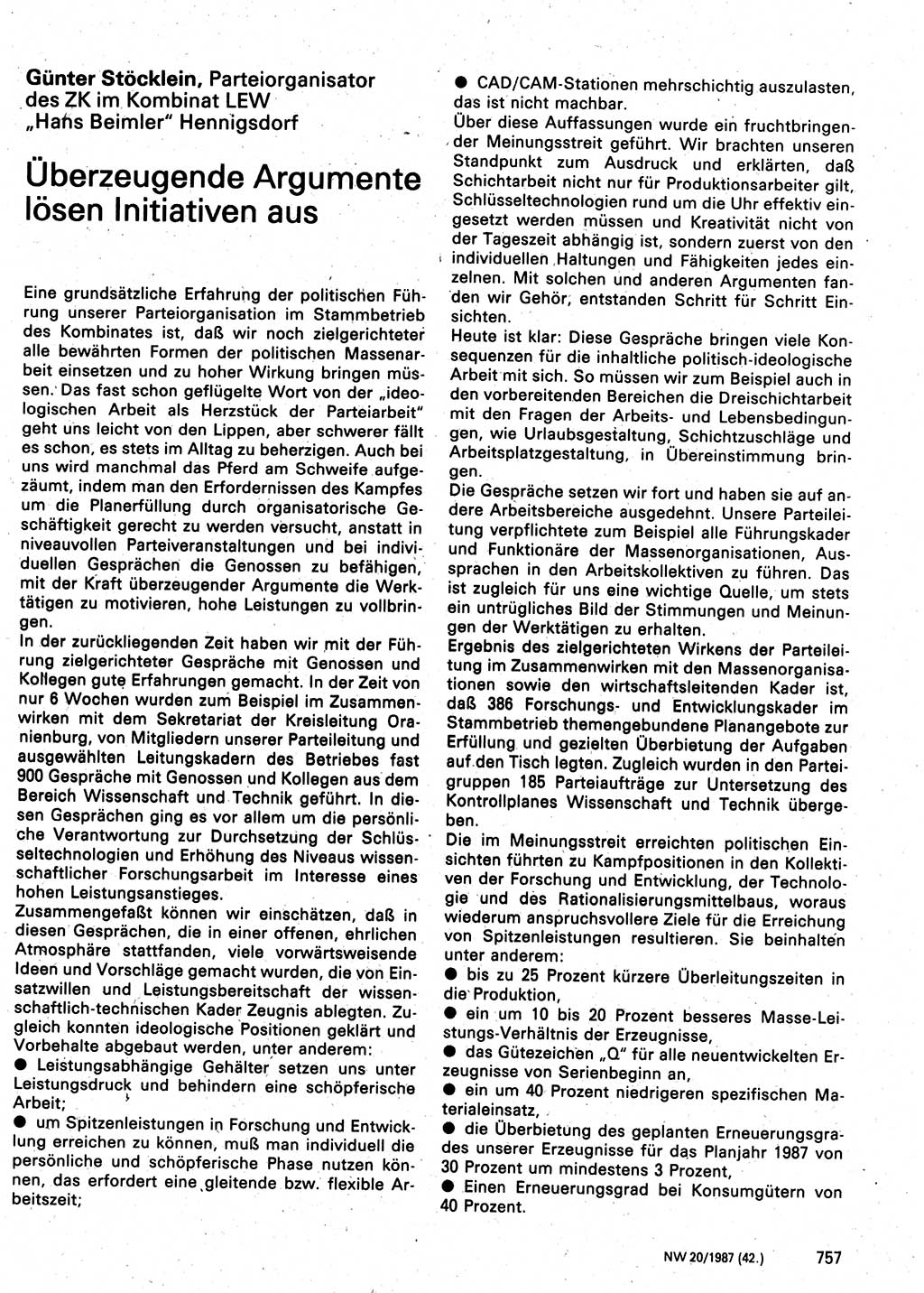 Neuer Weg (NW), Organ des Zentralkomitees (ZK) der SED (Sozialistische Einheitspartei Deutschlands) für Fragen des Parteilebens, 42. Jahrgang [Deutsche Demokratische Republik (DDR)] 1987, Seite 757 (NW ZK SED DDR 1987, S. 757)