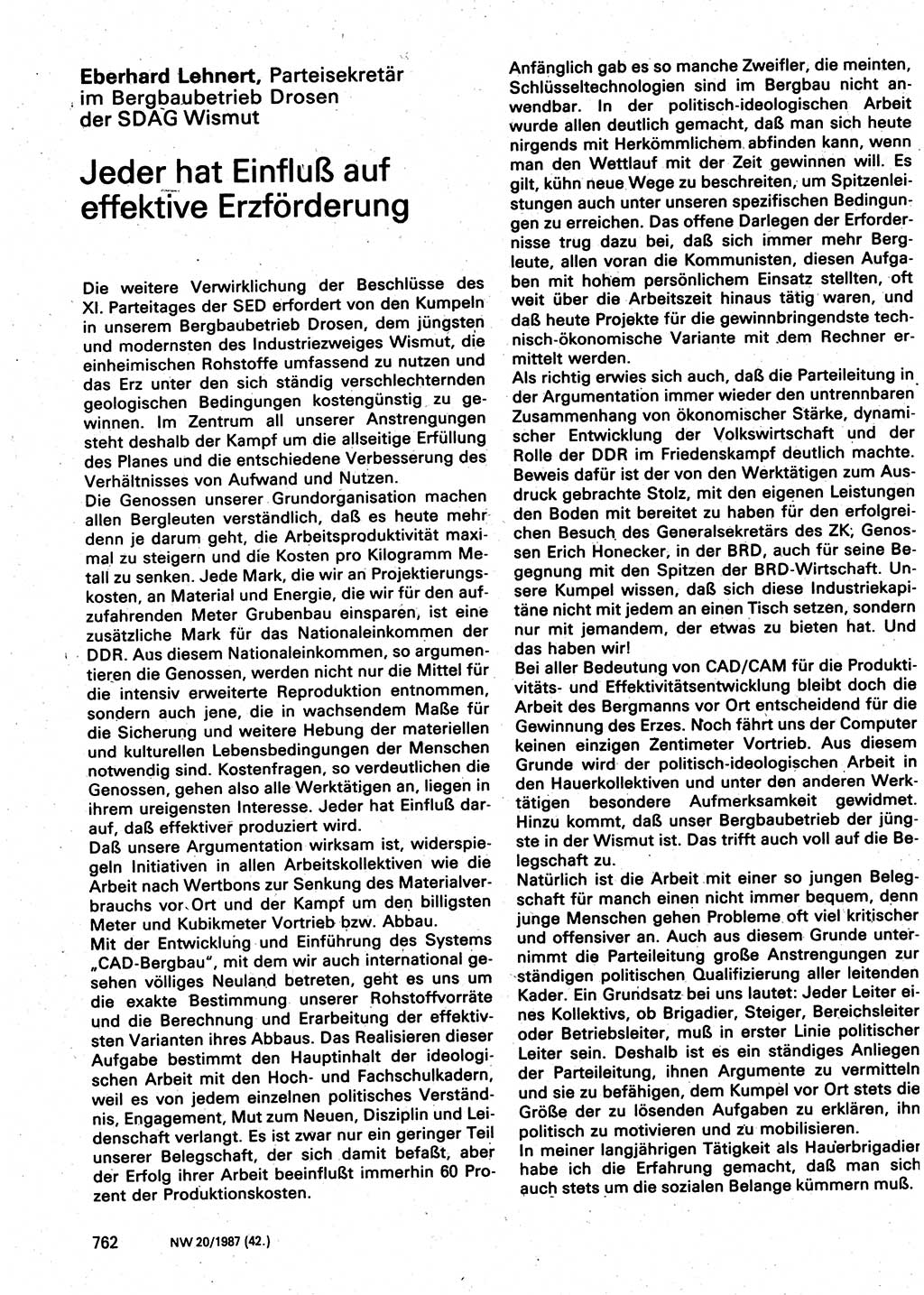 Neuer Weg (NW), Organ des Zentralkomitees (ZK) der SED (Sozialistische Einheitspartei Deutschlands) für Fragen des Parteilebens, 42. Jahrgang [Deutsche Demokratische Republik (DDR)] 1987, Seite 762 (NW ZK SED DDR 1987, S. 762)