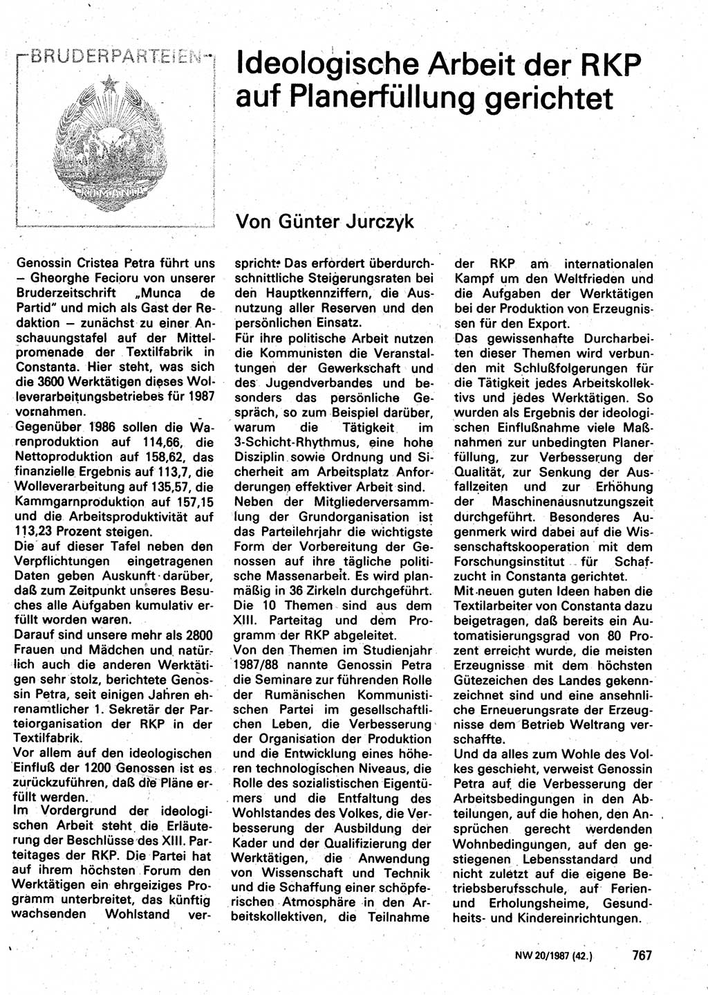 Neuer Weg (NW), Organ des Zentralkomitees (ZK) der SED (Sozialistische Einheitspartei Deutschlands) für Fragen des Parteilebens, 42. Jahrgang [Deutsche Demokratische Republik (DDR)] 1987, Seite 767 (NW ZK SED DDR 1987, S. 767)