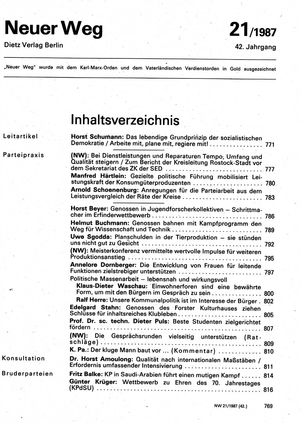 Neuer Weg (NW), Organ des Zentralkomitees (ZK) der SED (Sozialistische Einheitspartei Deutschlands) für Fragen des Parteilebens, 42. Jahrgang [Deutsche Demokratische Republik (DDR)] 1987, Seite 769 (NW ZK SED DDR 1987, S. 769)