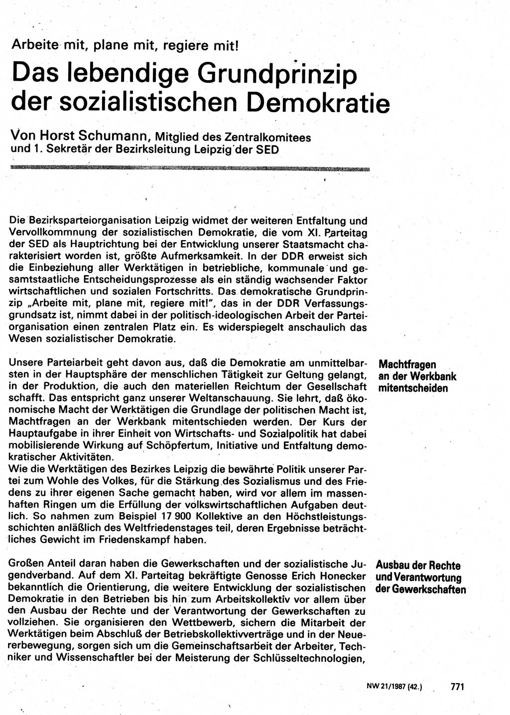 Neuer Weg (NW), Organ des Zentralkomitees (ZK) der SED (Sozialistische Einheitspartei Deutschlands) für Fragen des Parteilebens, 42. Jahrgang [Deutsche Demokratische Republik (DDR)] 1987, Seite 771 (NW ZK SED DDR 1987, S. 771)