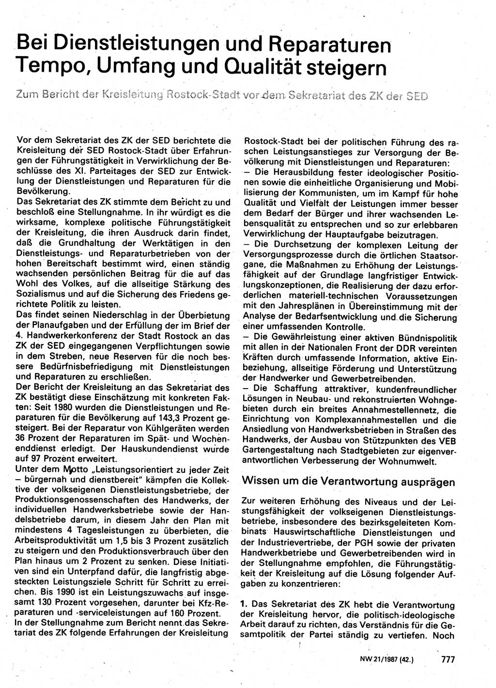 Neuer Weg (NW), Organ des Zentralkomitees (ZK) der SED (Sozialistische Einheitspartei Deutschlands) für Fragen des Parteilebens, 42. Jahrgang [Deutsche Demokratische Republik (DDR)] 1987, Seite 777 (NW ZK SED DDR 1987, S. 777)