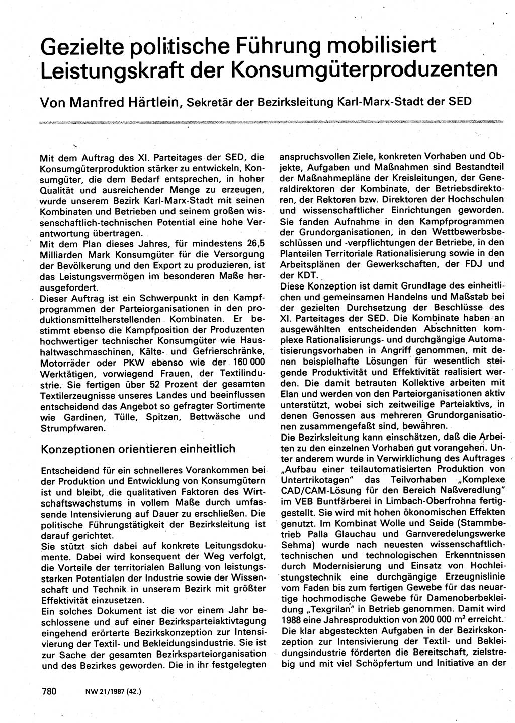 Neuer Weg (NW), Organ des Zentralkomitees (ZK) der SED (Sozialistische Einheitspartei Deutschlands) für Fragen des Parteilebens, 42. Jahrgang [Deutsche Demokratische Republik (DDR)] 1987, Seite 780 (NW ZK SED DDR 1987, S. 780)