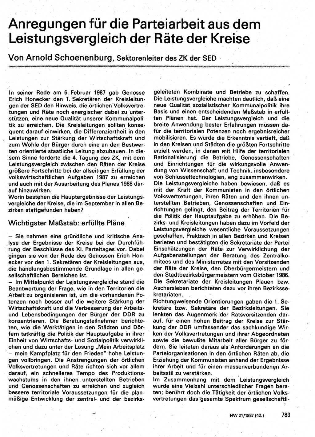 Neuer Weg (NW), Organ des Zentralkomitees (ZK) der SED (Sozialistische Einheitspartei Deutschlands) für Fragen des Parteilebens, 42. Jahrgang [Deutsche Demokratische Republik (DDR)] 1987, Seite 783 (NW ZK SED DDR 1987, S. 783)