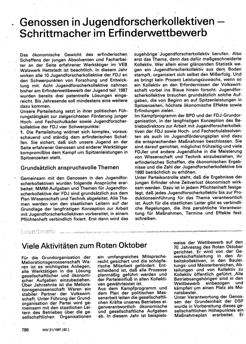 Neuer Weg (NW), Organ des Zentralkomitees (ZK) der SED (Sozialistische Einheitspartei Deutschlands) für Fragen des Parteilebens, 42. Jahrgang [Deutsche Demokratische Republik (DDR)] 1987, Seite 786 (NW ZK SED DDR 1987, S. 786)