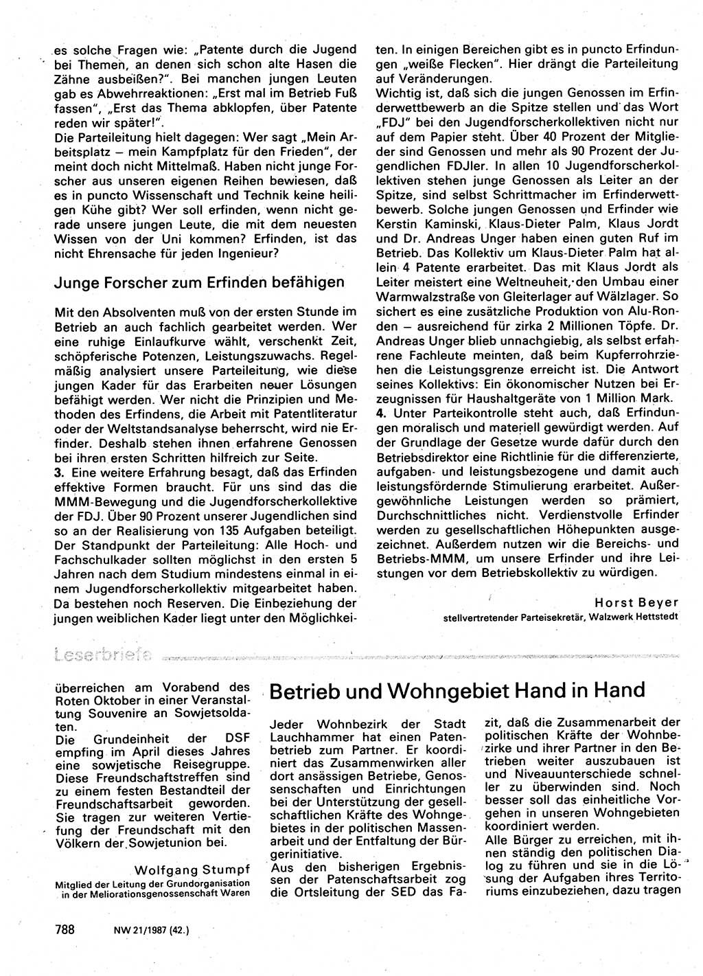 Neuer Weg (NW), Organ des Zentralkomitees (ZK) der SED (Sozialistische Einheitspartei Deutschlands) für Fragen des Parteilebens, 42. Jahrgang [Deutsche Demokratische Republik (DDR)] 1987, Seite 788 (NW ZK SED DDR 1987, S. 788)