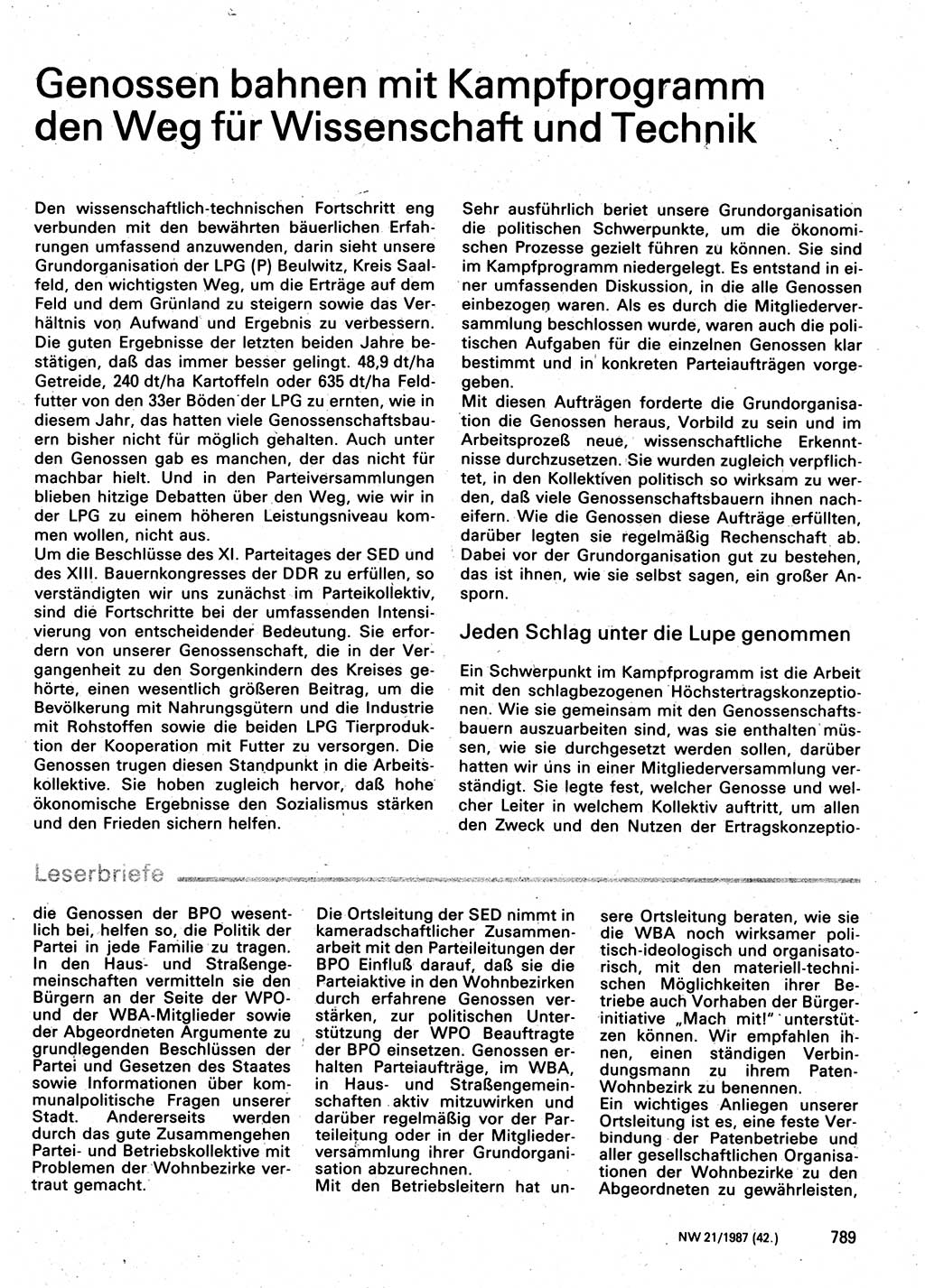 Neuer Weg (NW), Organ des Zentralkomitees (ZK) der SED (Sozialistische Einheitspartei Deutschlands) für Fragen des Parteilebens, 42. Jahrgang [Deutsche Demokratische Republik (DDR)] 1987, Seite 789 (NW ZK SED DDR 1987, S. 789)