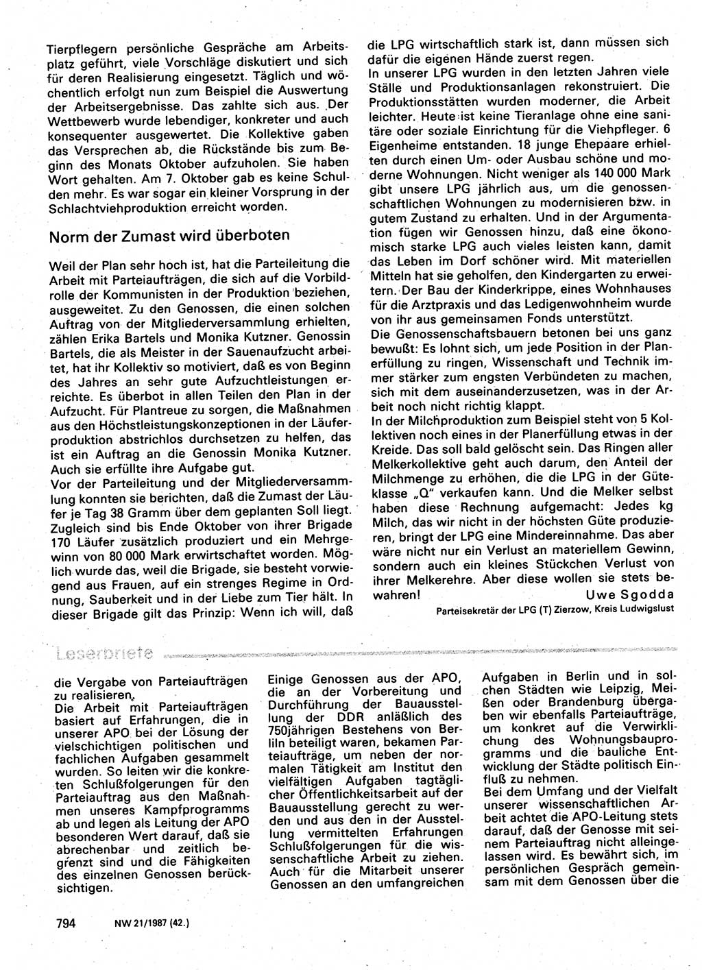 Neuer Weg (NW), Organ des Zentralkomitees (ZK) der SED (Sozialistische Einheitspartei Deutschlands) für Fragen des Parteilebens, 42. Jahrgang [Deutsche Demokratische Republik (DDR)] 1987, Seite 794 (NW ZK SED DDR 1987, S. 794)