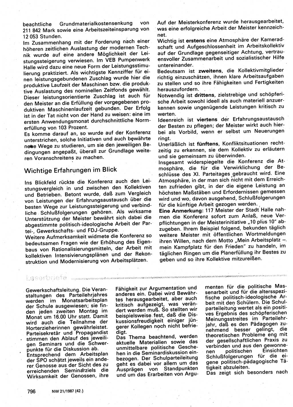 Neuer Weg (NW), Organ des Zentralkomitees (ZK) der SED (Sozialistische Einheitspartei Deutschlands) für Fragen des Parteilebens, 42. Jahrgang [Deutsche Demokratische Republik (DDR)] 1987, Seite 796 (NW ZK SED DDR 1987, S. 796)