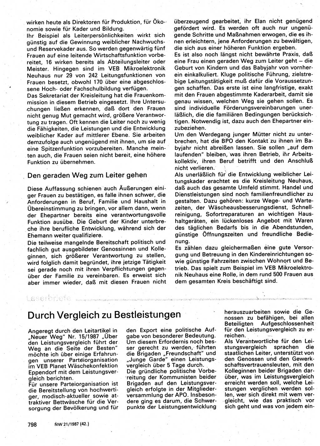 Neuer Weg (NW), Organ des Zentralkomitees (ZK) der SED (Sozialistische Einheitspartei Deutschlands) für Fragen des Parteilebens, 42. Jahrgang [Deutsche Demokratische Republik (DDR)] 1987, Seite 798 (NW ZK SED DDR 1987, S. 798)